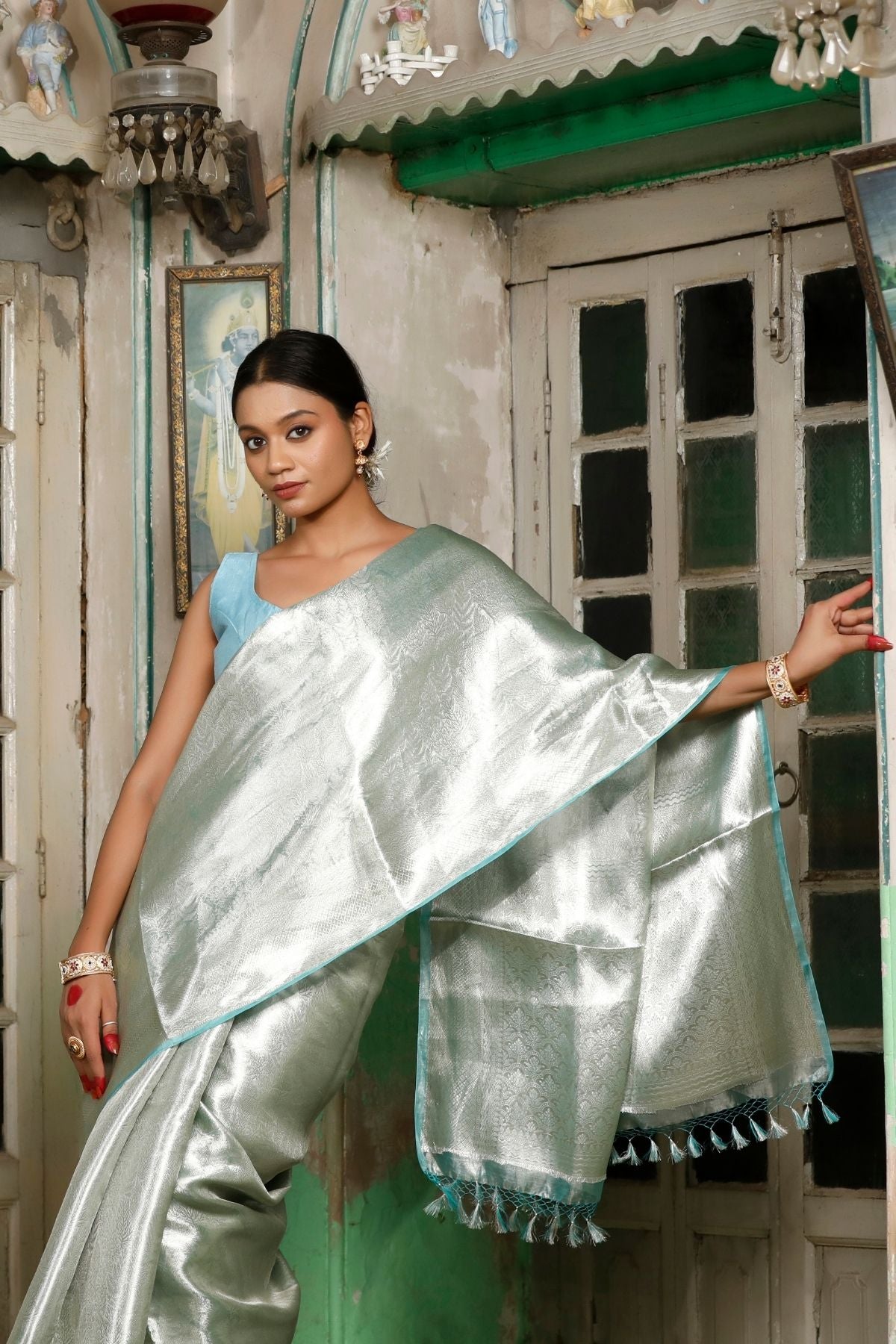 Aqua Green Tissue Silk Saree