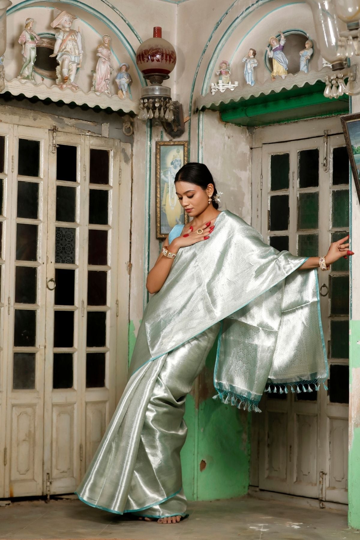 Aqua Green Tissue Silk Saree