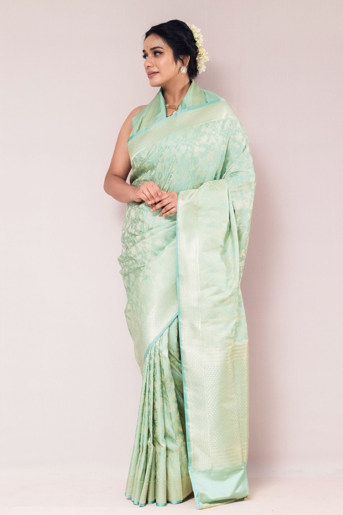 Light Pistachio Mushroo Silk Banarasi Saree