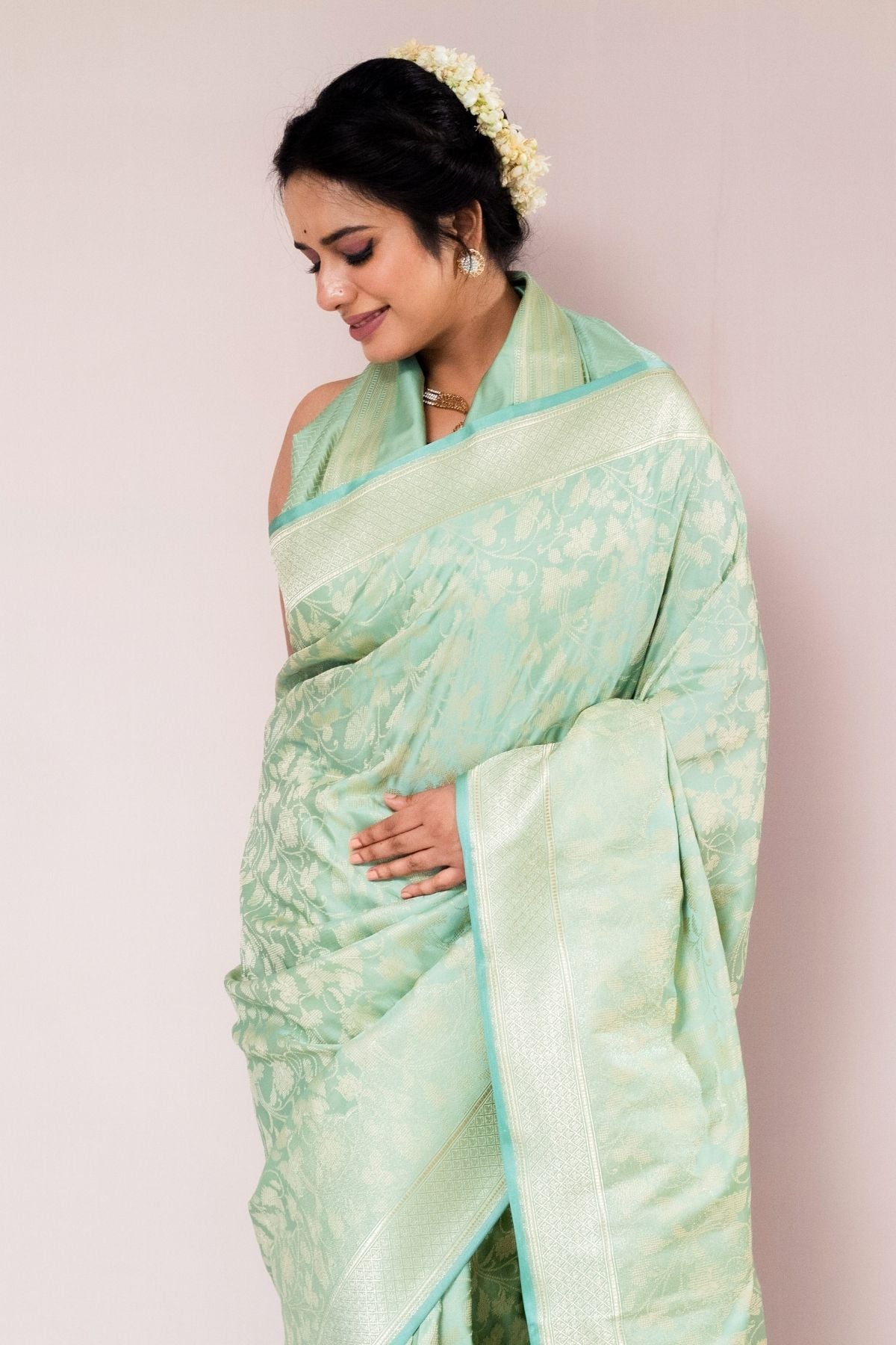 Light Pistachio Mushroo Silk Banarasi Saree