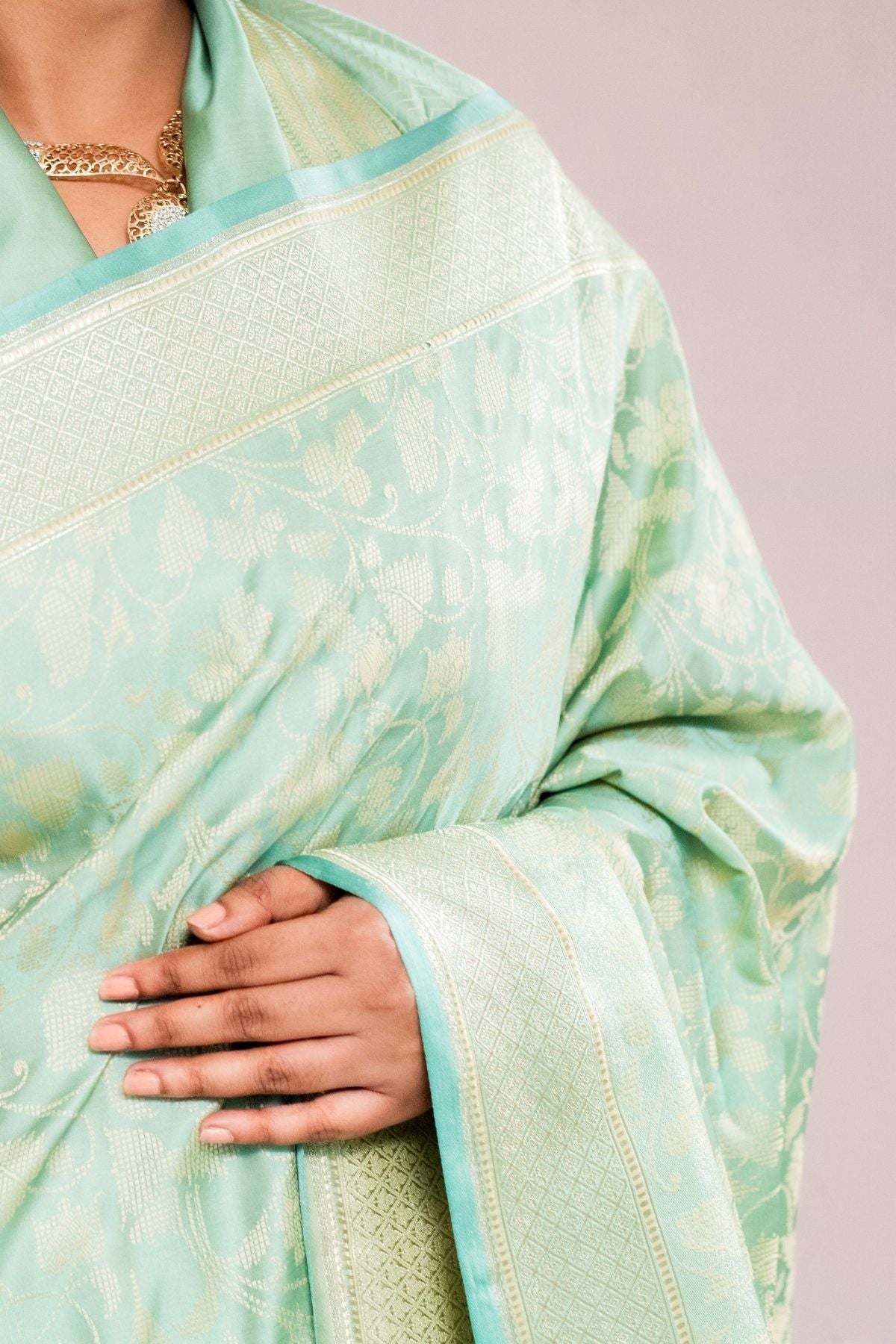 Light Pistachio Mushroo Silk Banarasi Saree