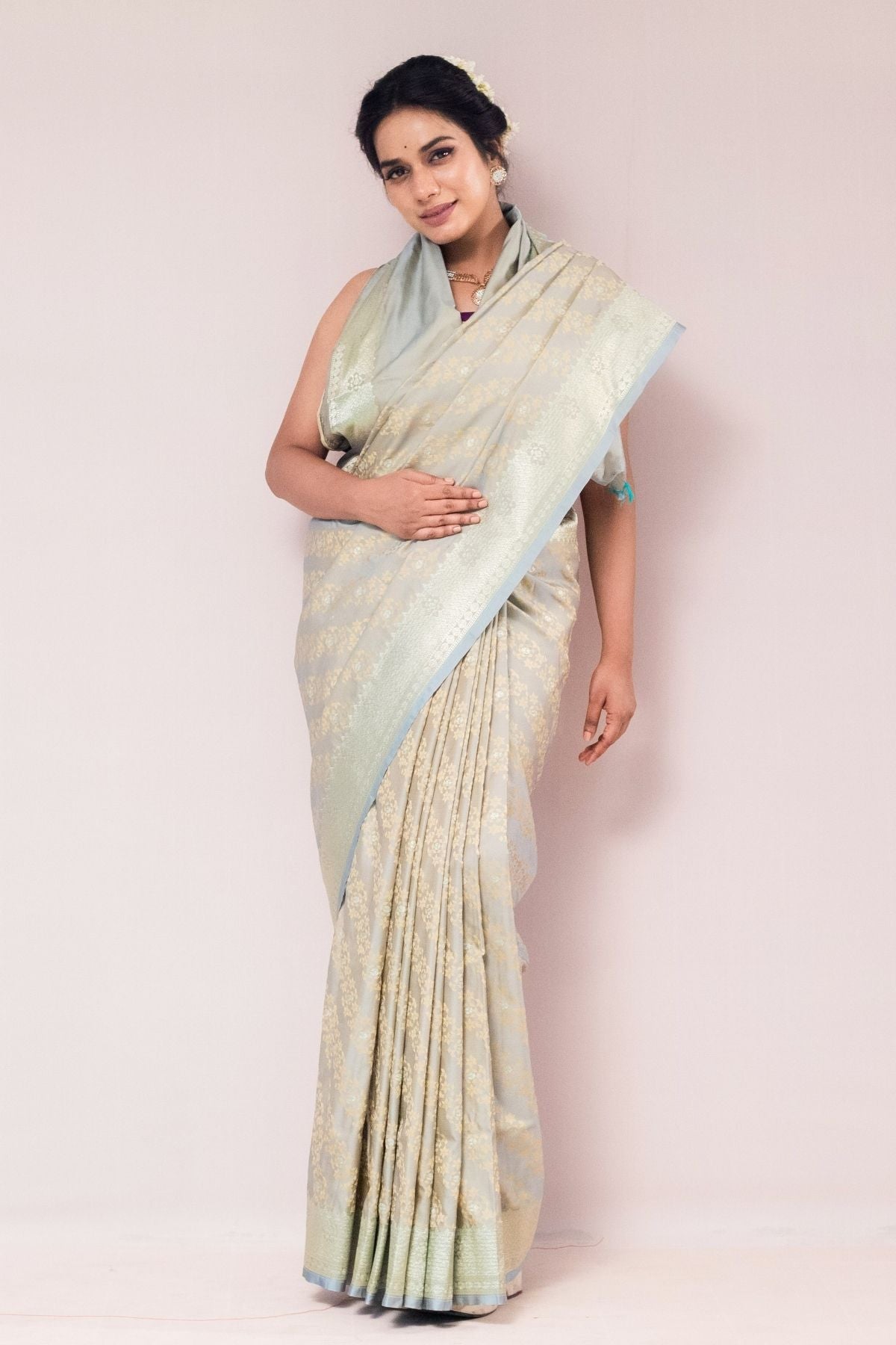 Dusty Pista Mushroo Silk Banarasi Saree