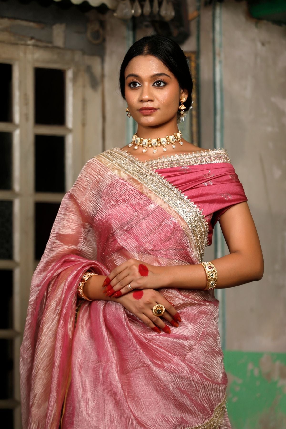 Dusty Pink Crush Tissue Silk Saree
