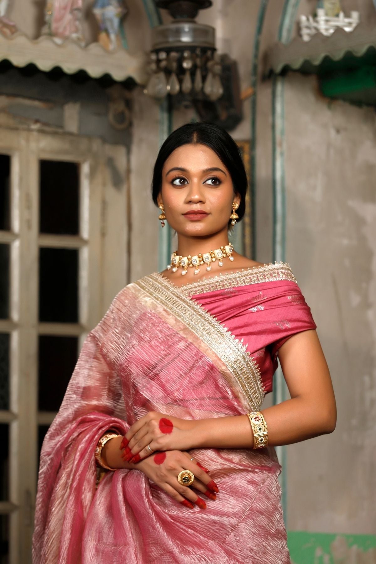 Dusty Pink Crush Tissue Silk Saree