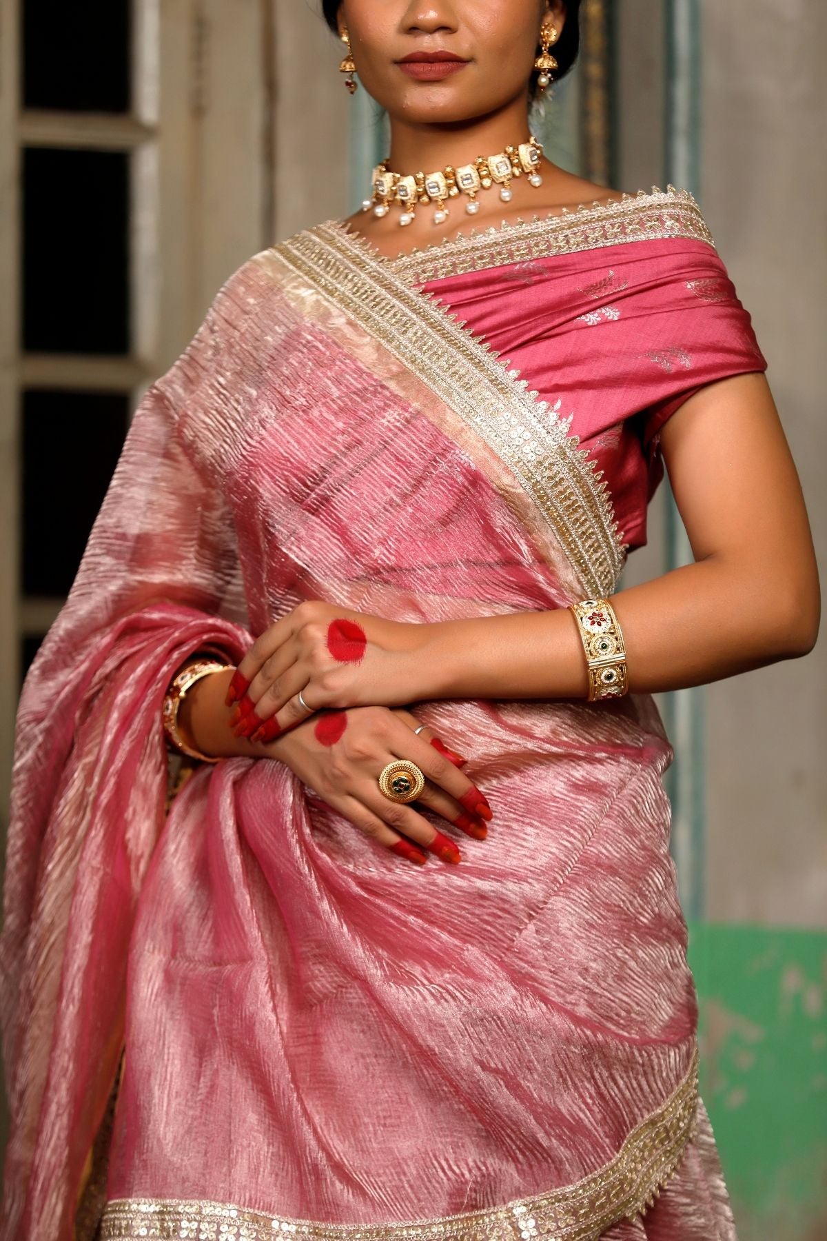 Dusty Pink Crush Tissue Silk Saree