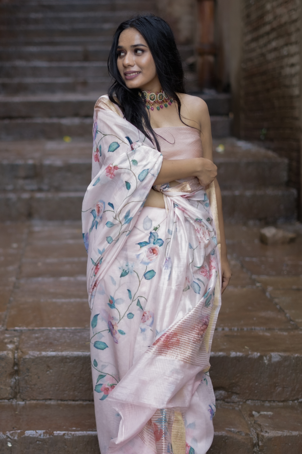 Pink Floral Print Liva Silk Saree