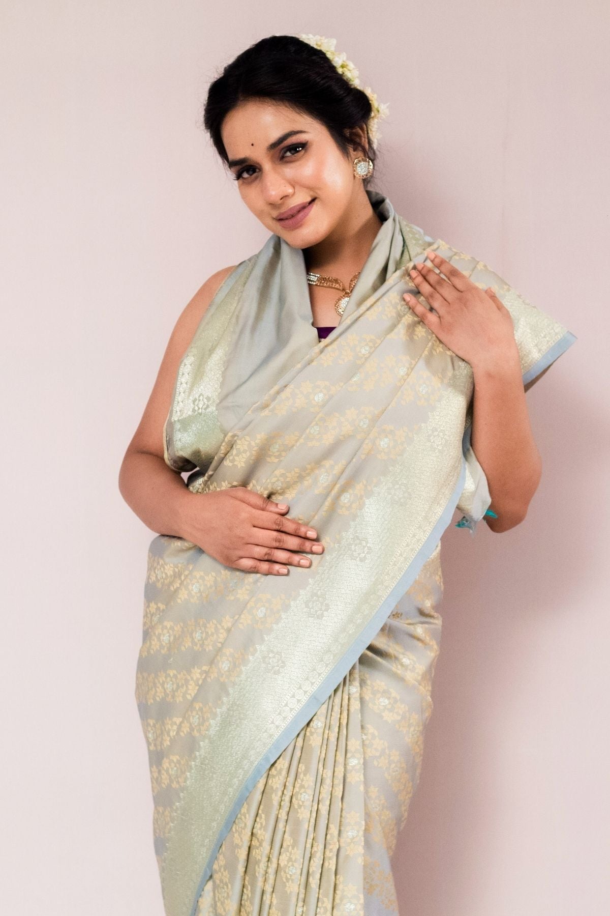 Dusty Pista Mushroo Silk Banarasi Saree