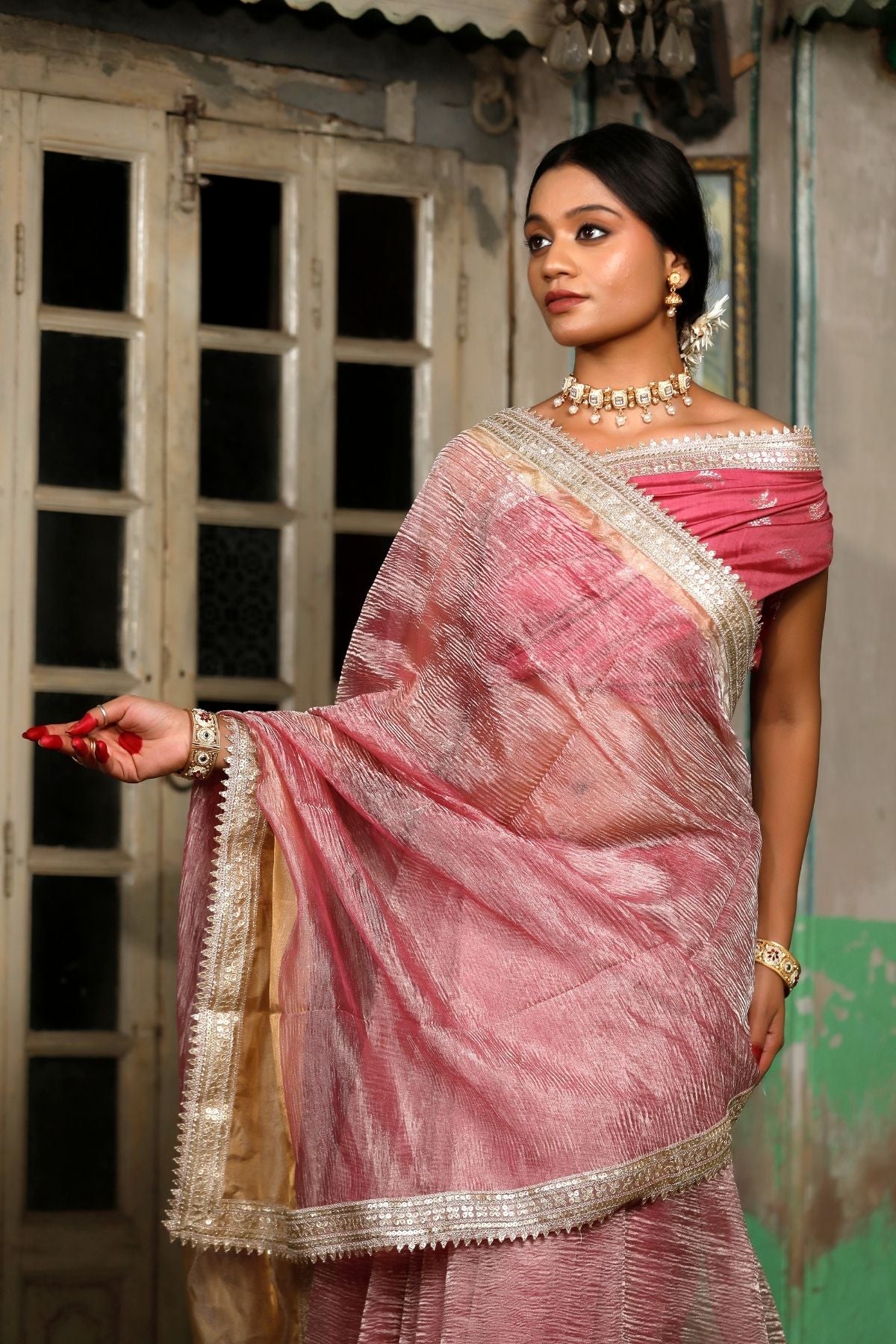 Dusty Pink Crush Tissue Silk Saree