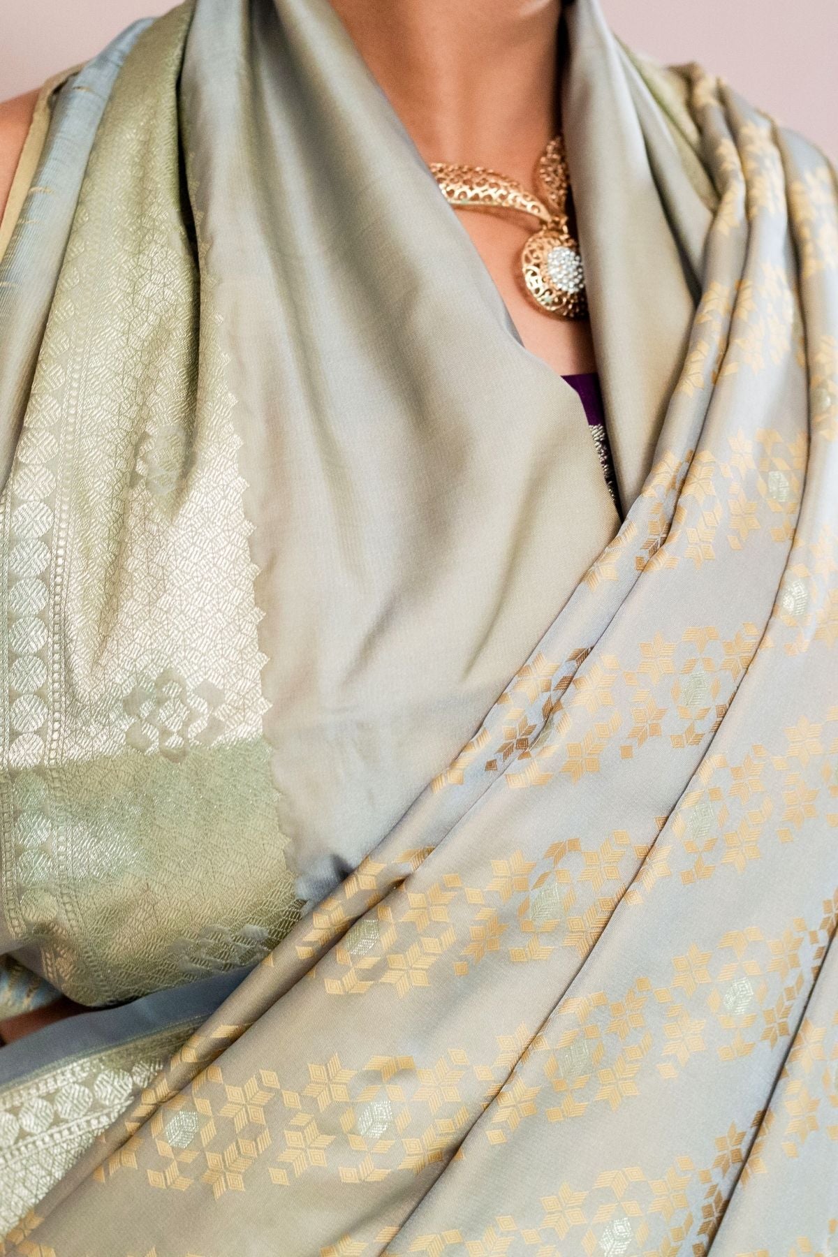 Dusty Pista Mushroo Silk Banarasi Saree