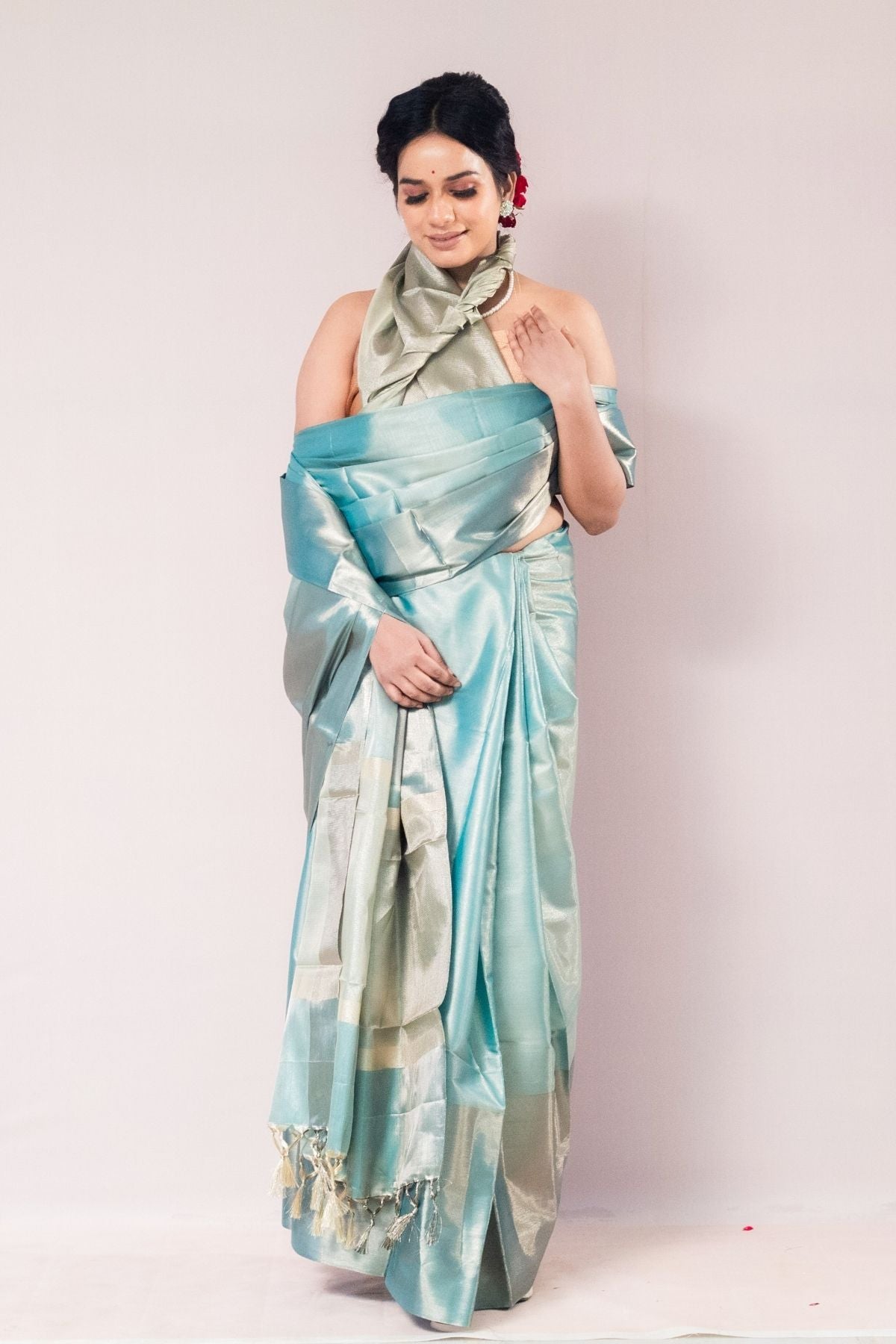 Emerald Green Plain Tissue Saree