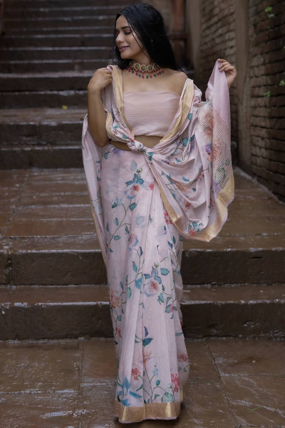 Pink Floral Print Liva Silk Saree