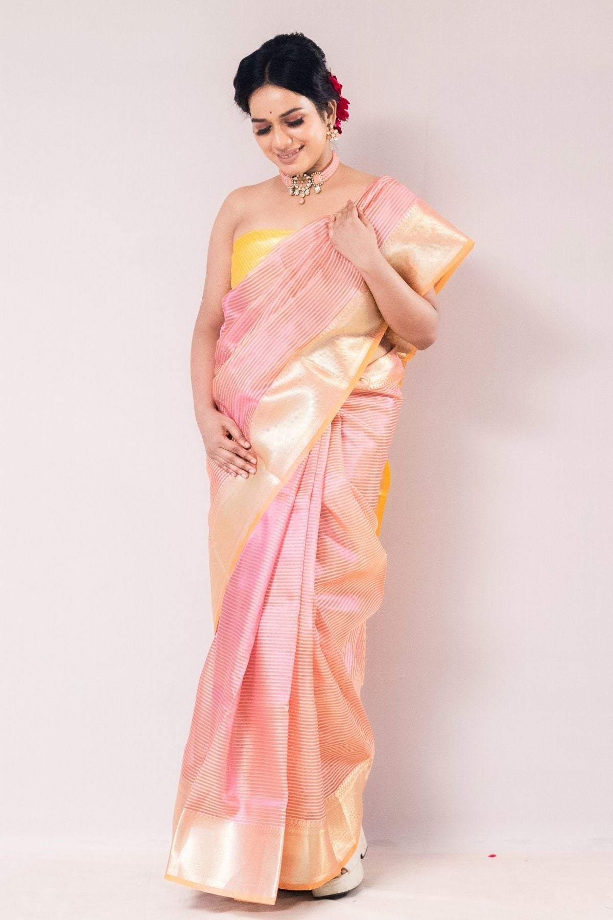 Pink Tissue Strip Saree