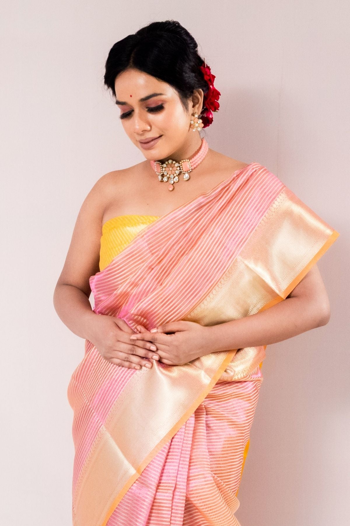 Pink Tissue Strip Saree