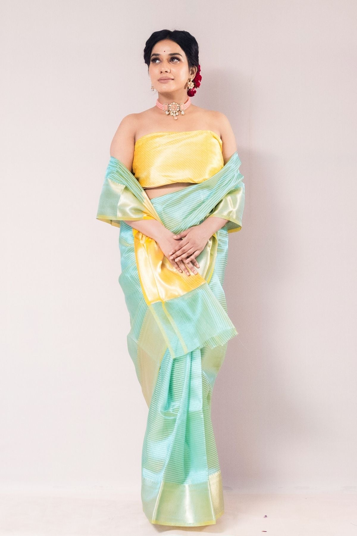 Parrot Green Tissue Strip Saree