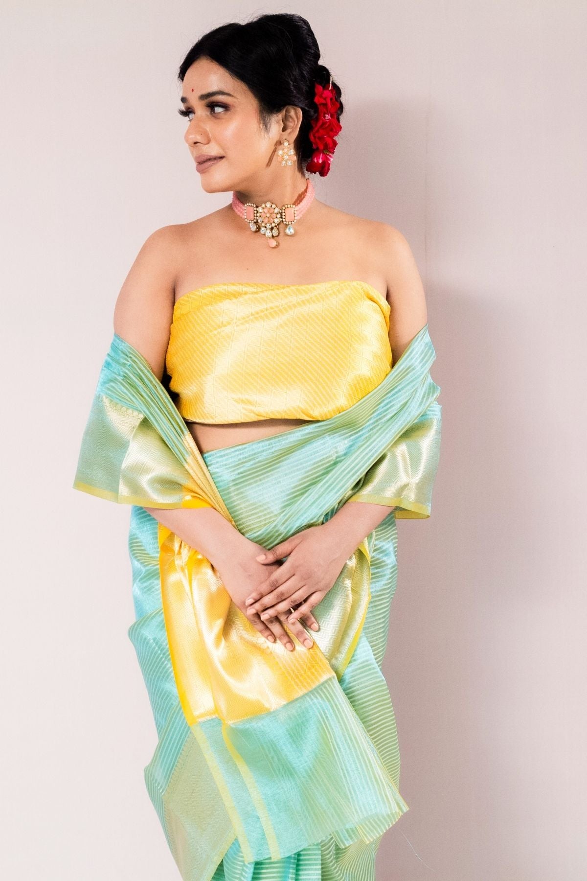 Parrot Green Tissue Strip Saree