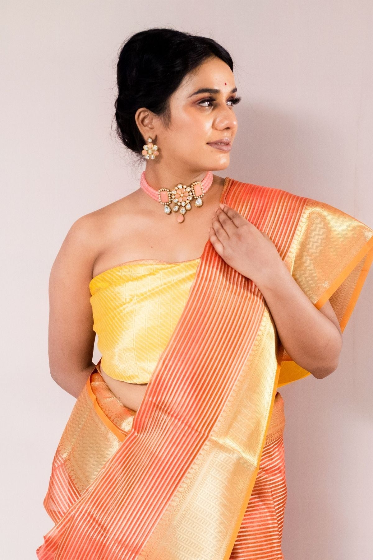 Orange Tissue Strip Saree