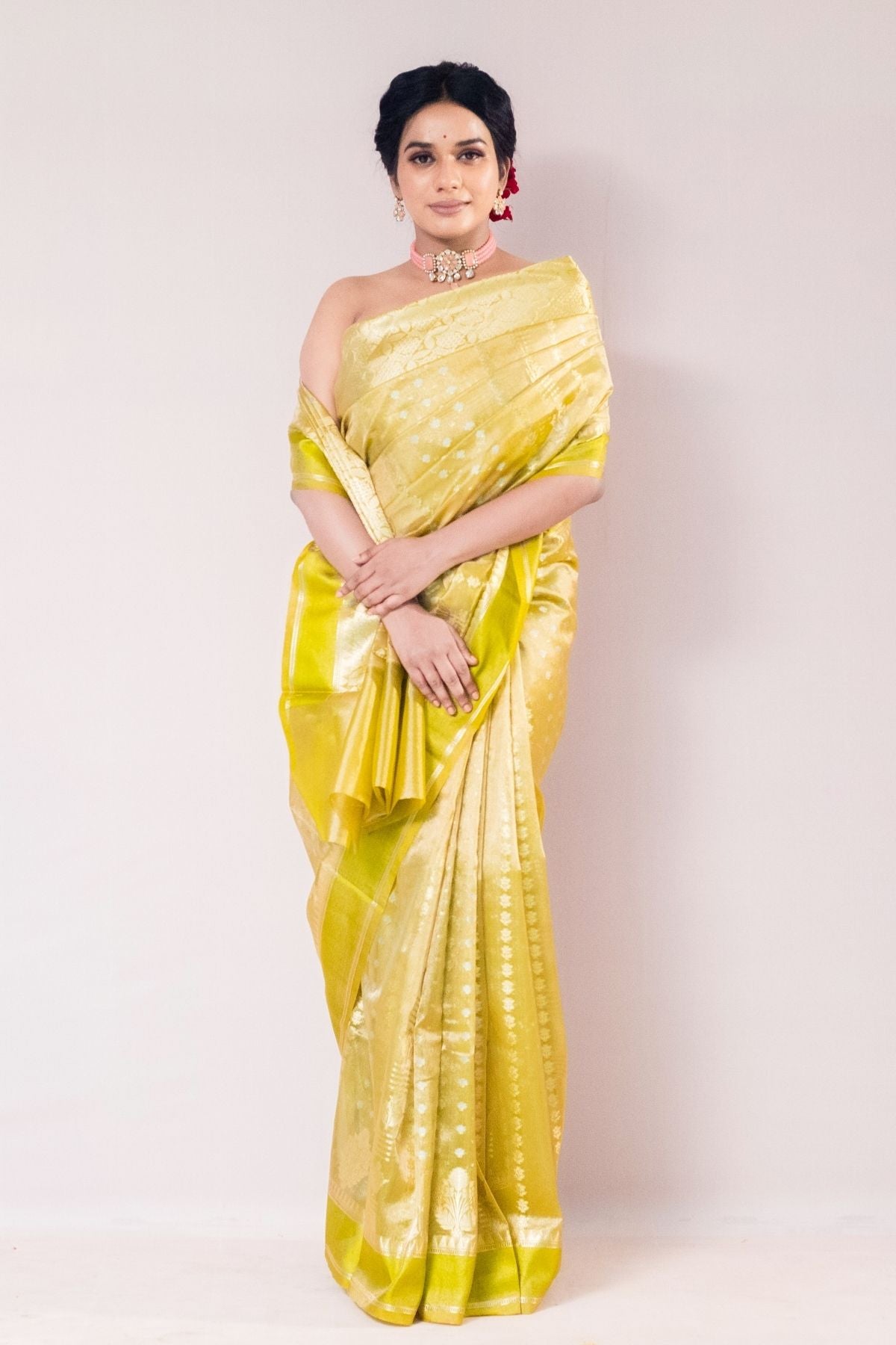 Olive Yellow Tissue Jaquard Weave Saree