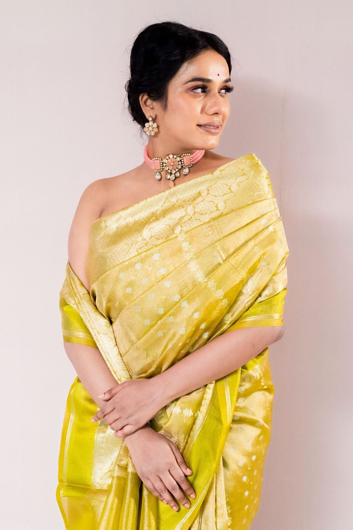 Olive Yellow Tissue Jaquard Weave Saree