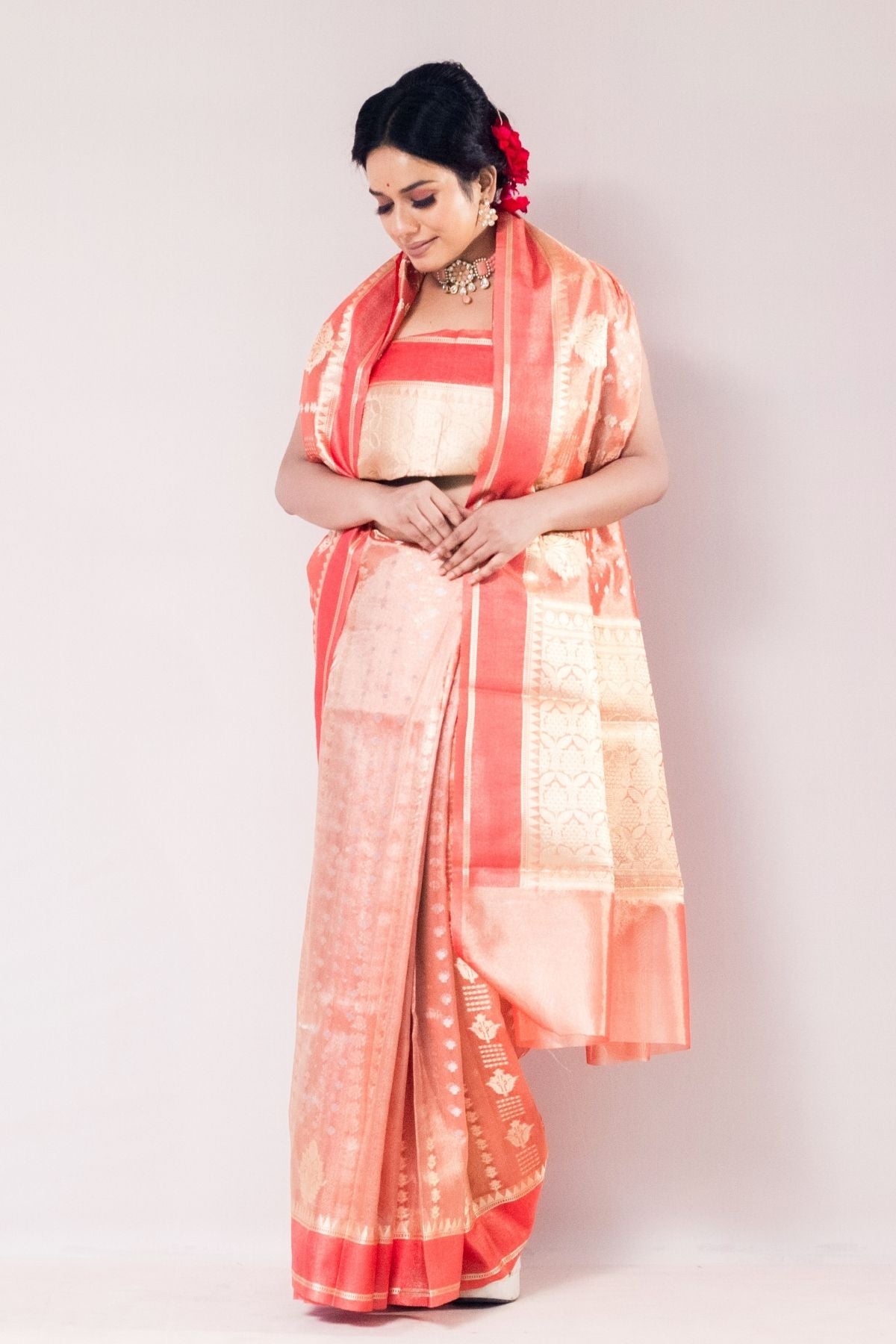Red Tissue Jaquard Weave Saree