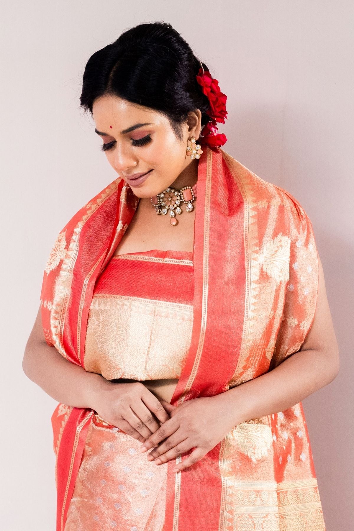 Red Tissue Jaquard Weave Saree