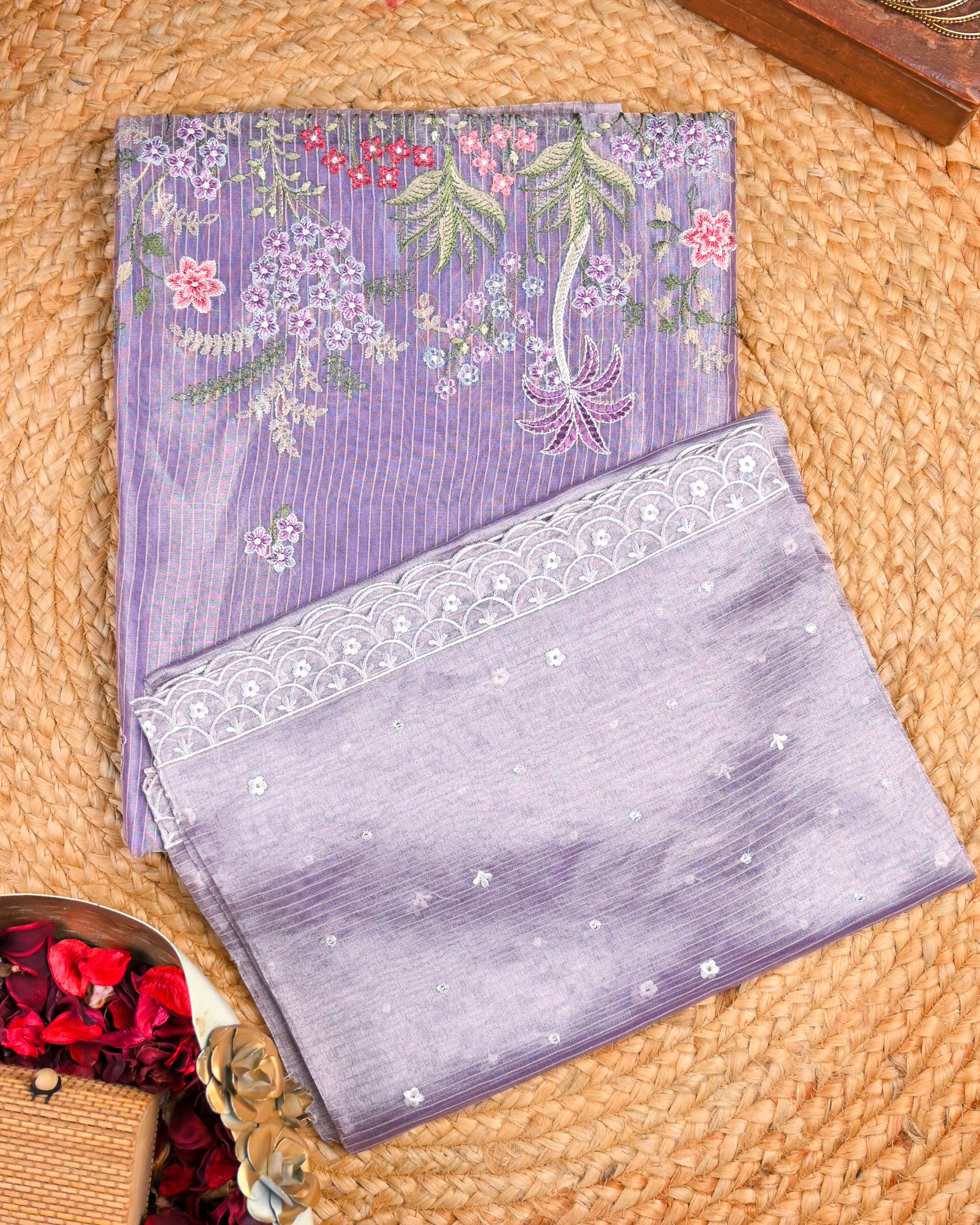 Lavender–Mauve Embroidered Tissue Silk Unstitched Suit Set