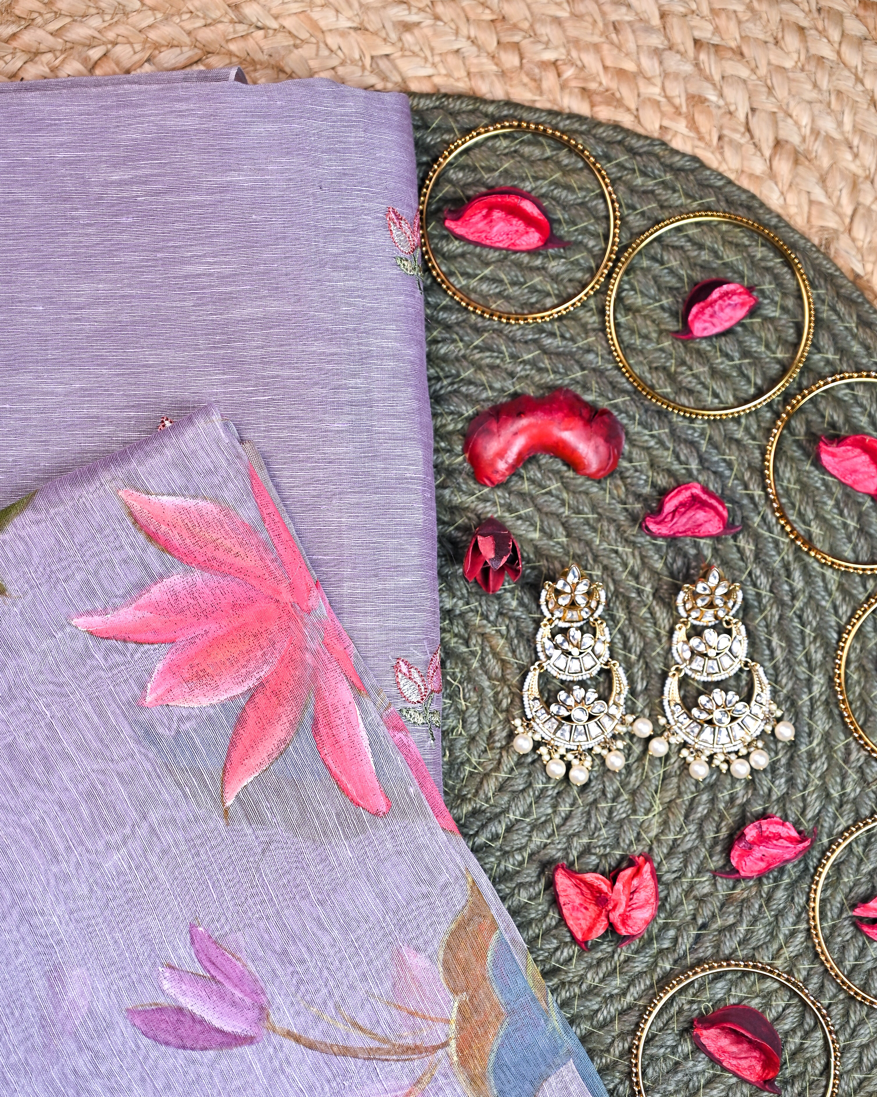 Unstiched Suit Set - Hand Paint Linen silk dupatta, embroidered linen silk Shirt & chanderi silk bottom