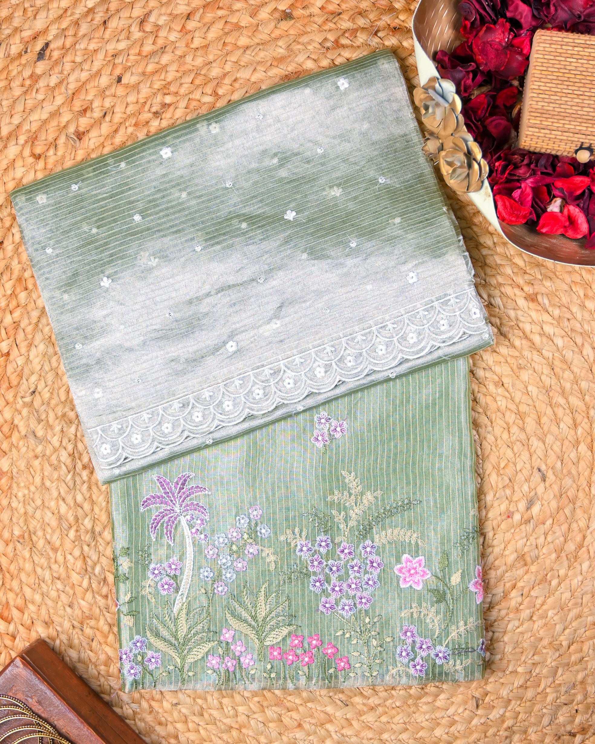 Sage Green Embroidered Tissue Silk Unstitched Suit Set