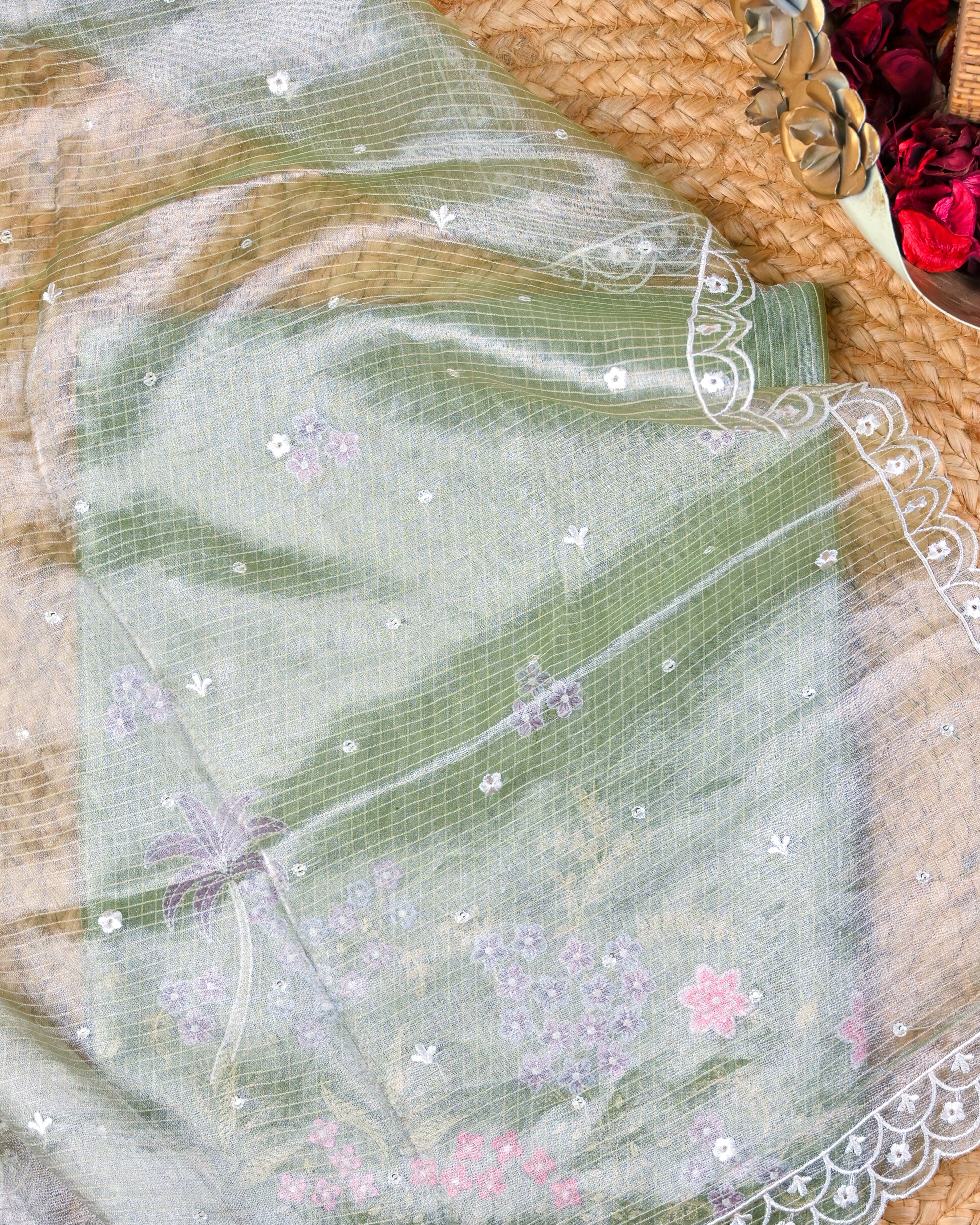 Sage Green Embroidered Tissue Silk Unstitched Suit Set