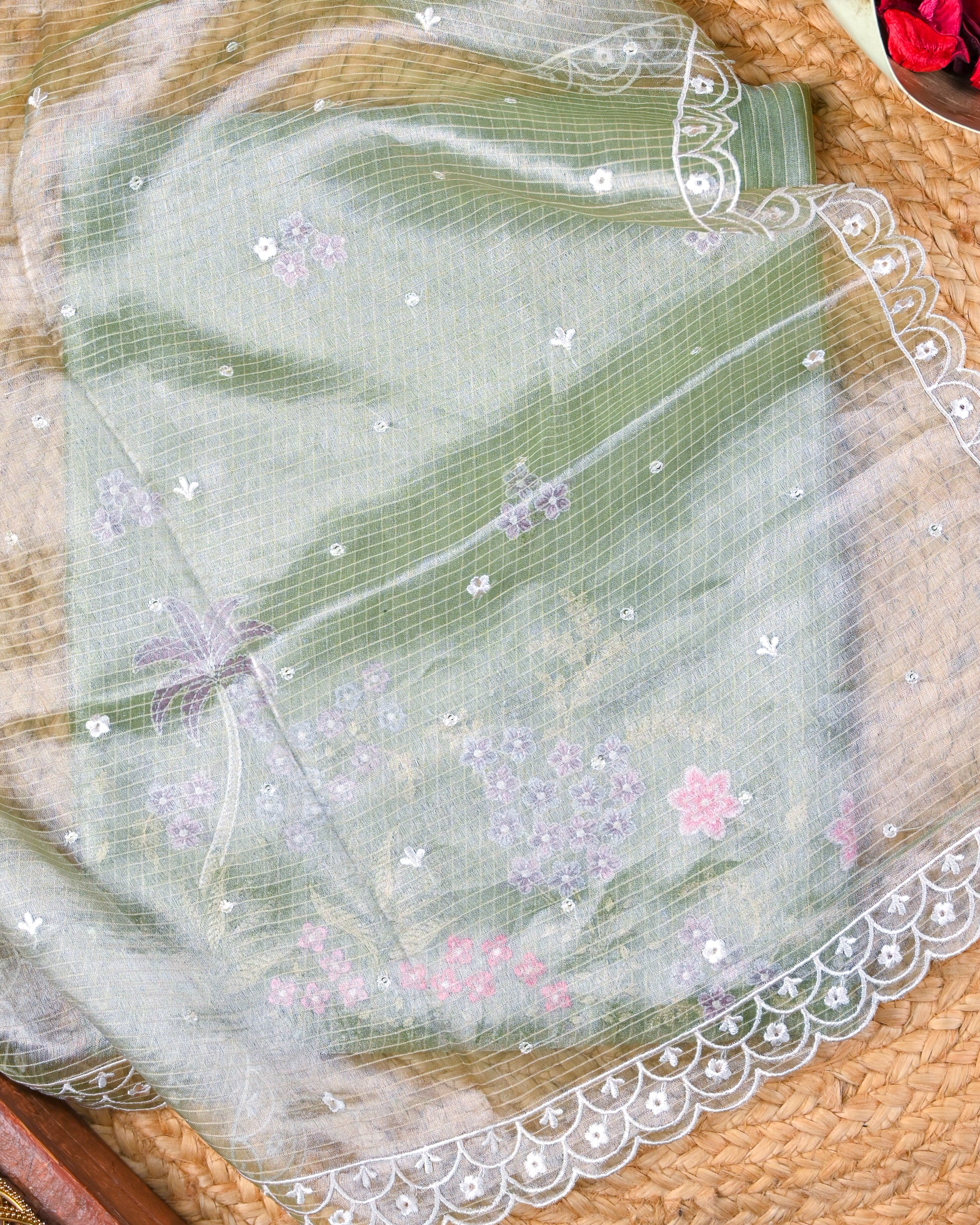 Sage Green Embroidered Tissue Silk Unstitched Suit Set