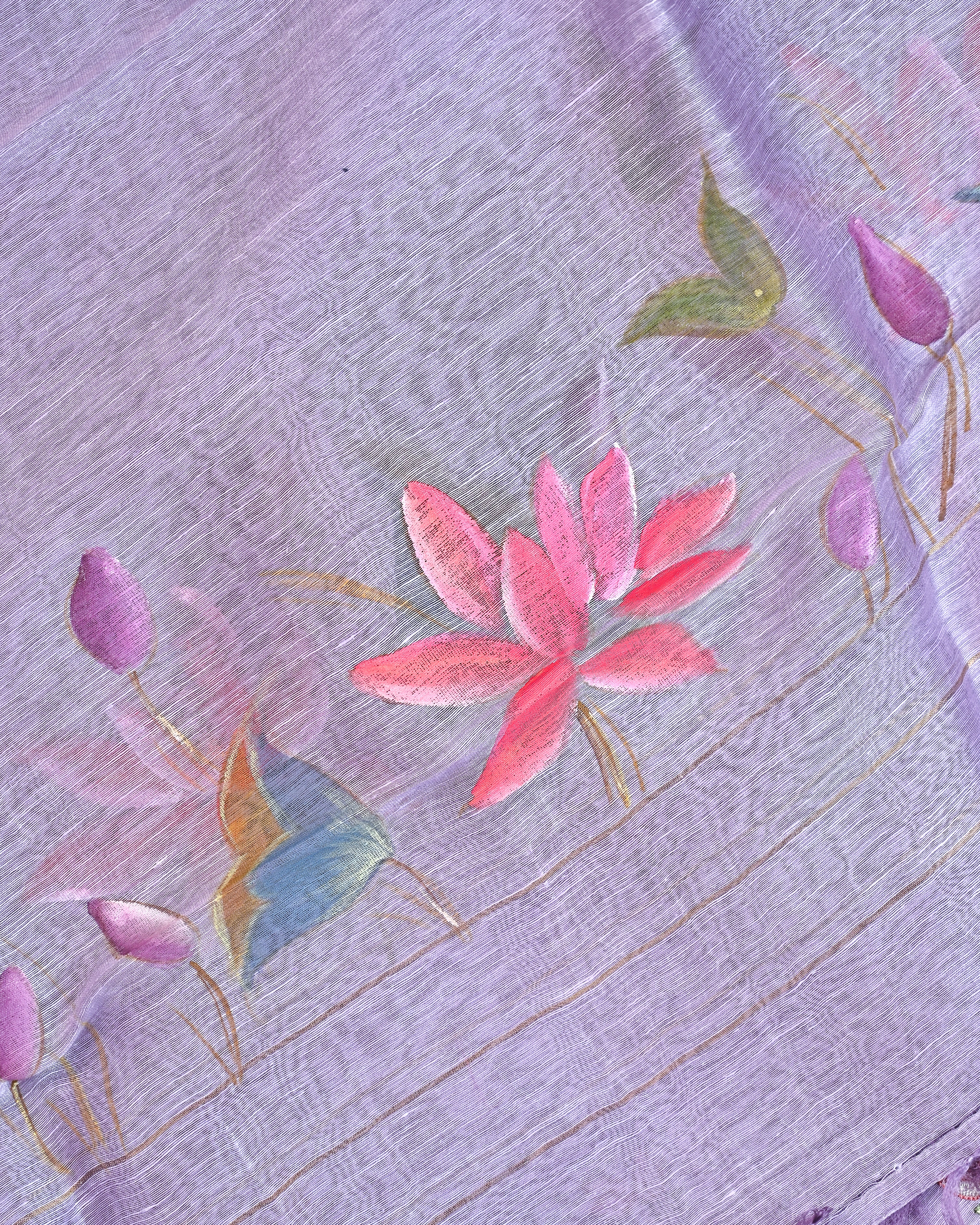 Unstiched Suit Set - Hand Paint Linen silk dupatta, embroidered linen silk Shirt & chanderi silk bottom