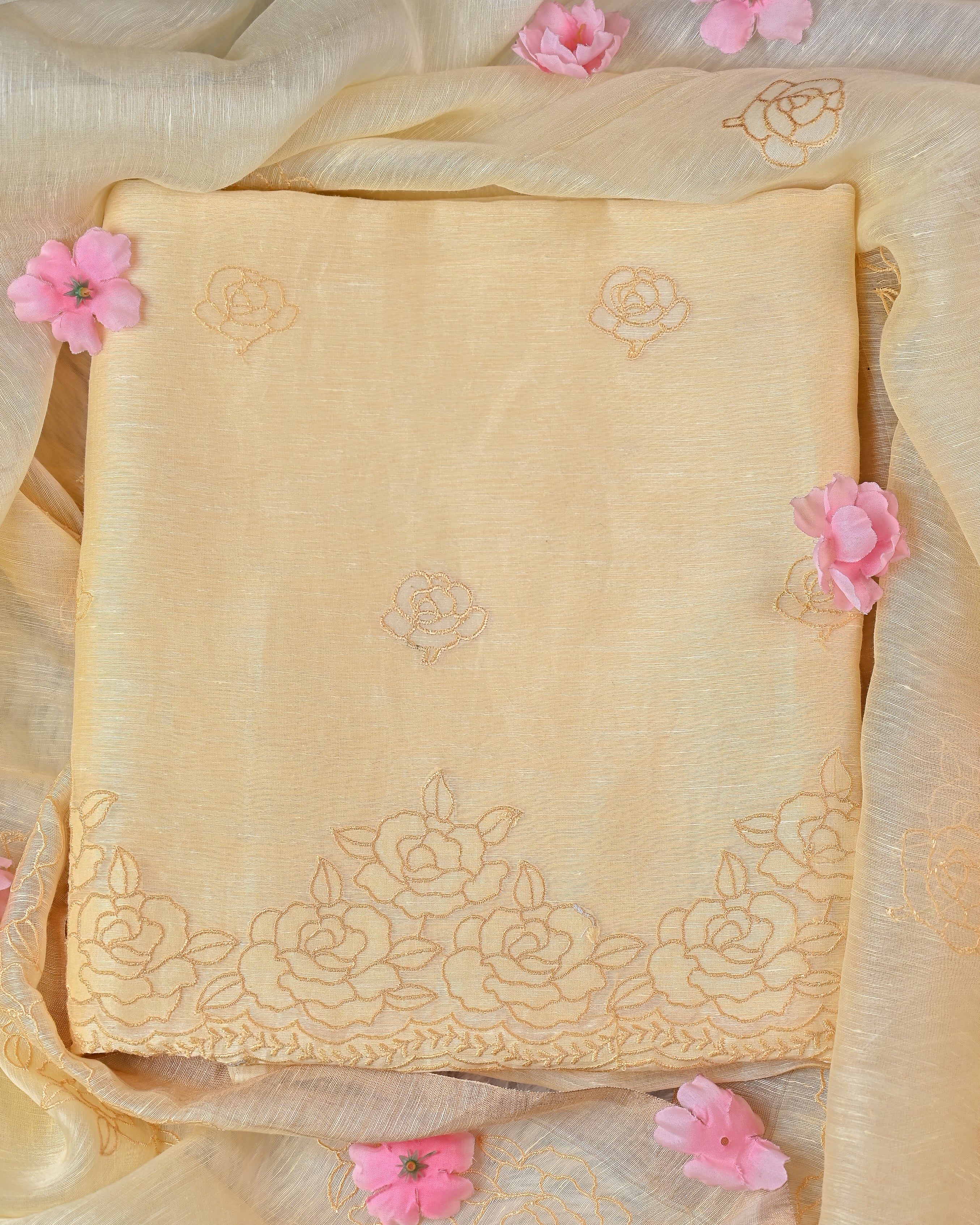 Unstitched suit set - Linen silk dupatta, embroiderd shirt linen silk with chanderi  silk bottom
