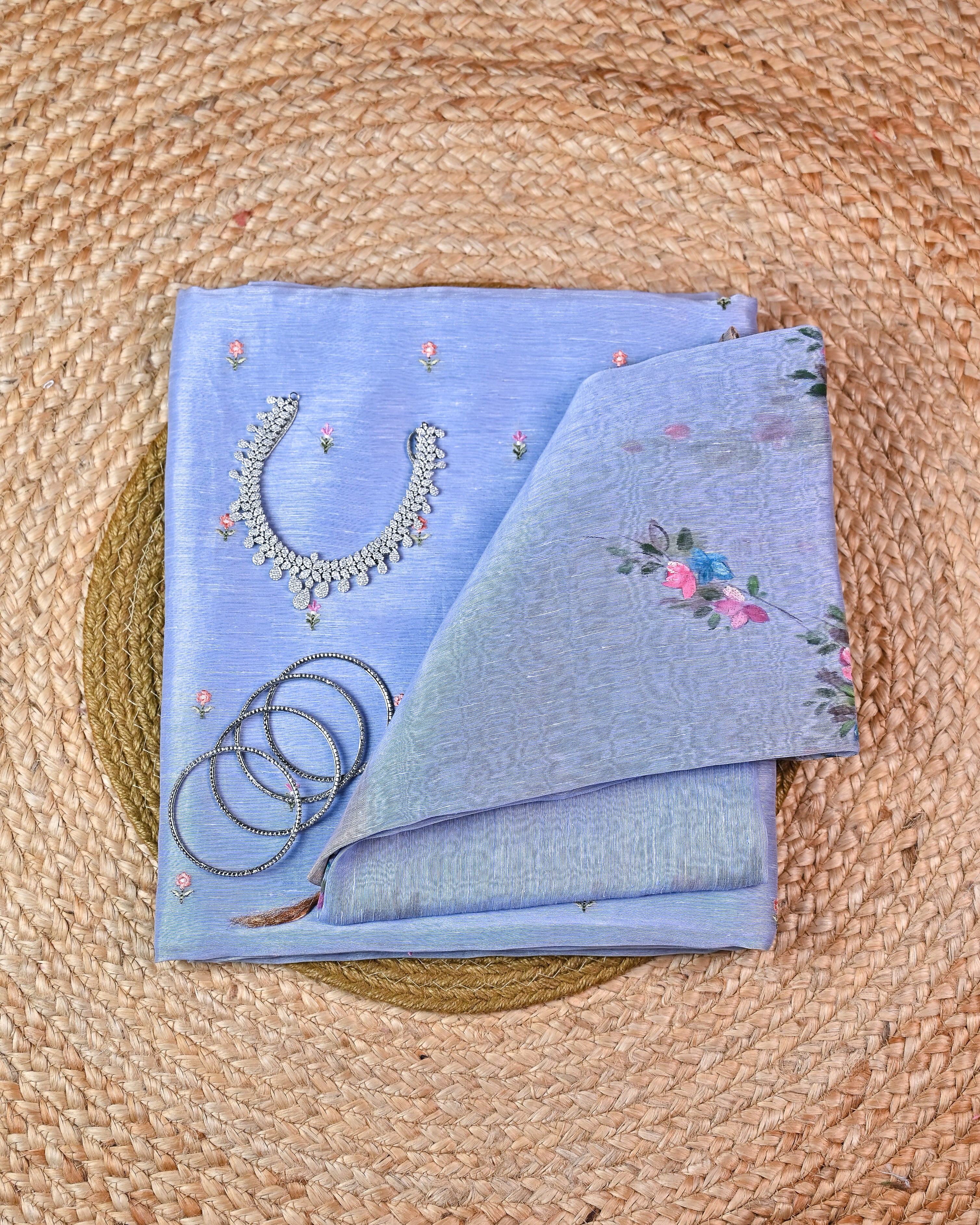 Unstitched Suit Set - Hand Paint Linen silk dupatta, embroidered linen silk Shirt & chanderi silk bottom