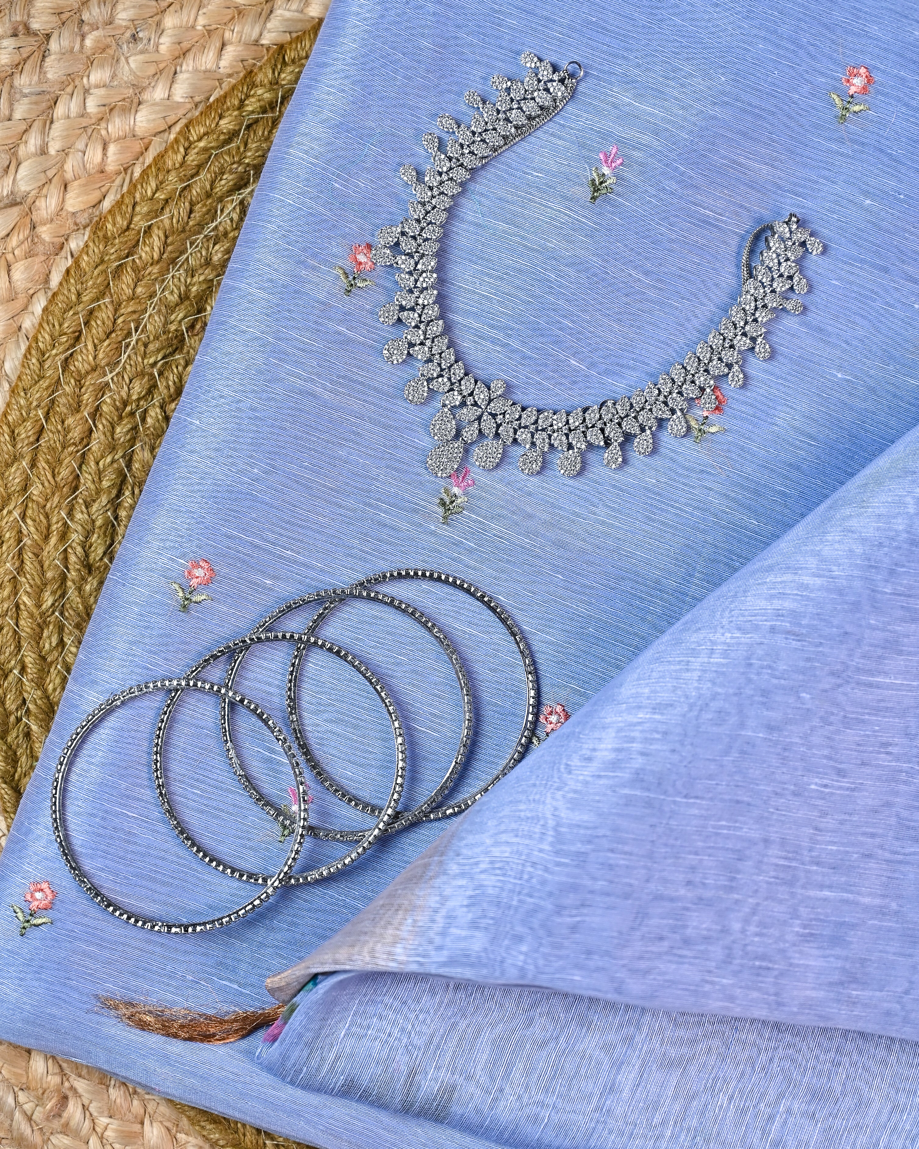 Unstitched Suit Set - Hand Paint Linen silk dupatta, embroidered linen silk Shirt & chanderi silk bottom
