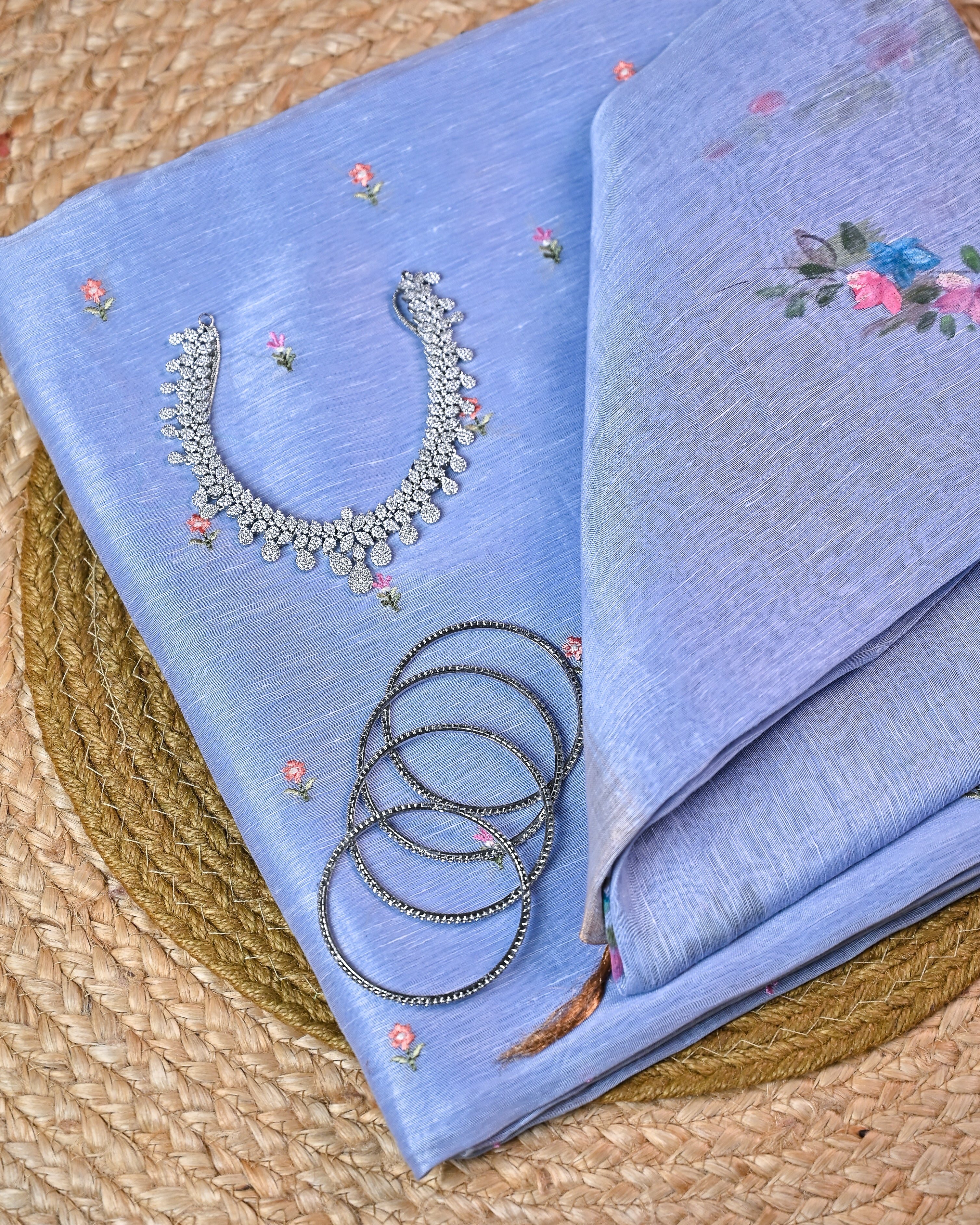 Unstitched Suit Set - Hand Paint Linen silk dupatta, embroidered linen silk Shirt & chanderi silk bottom