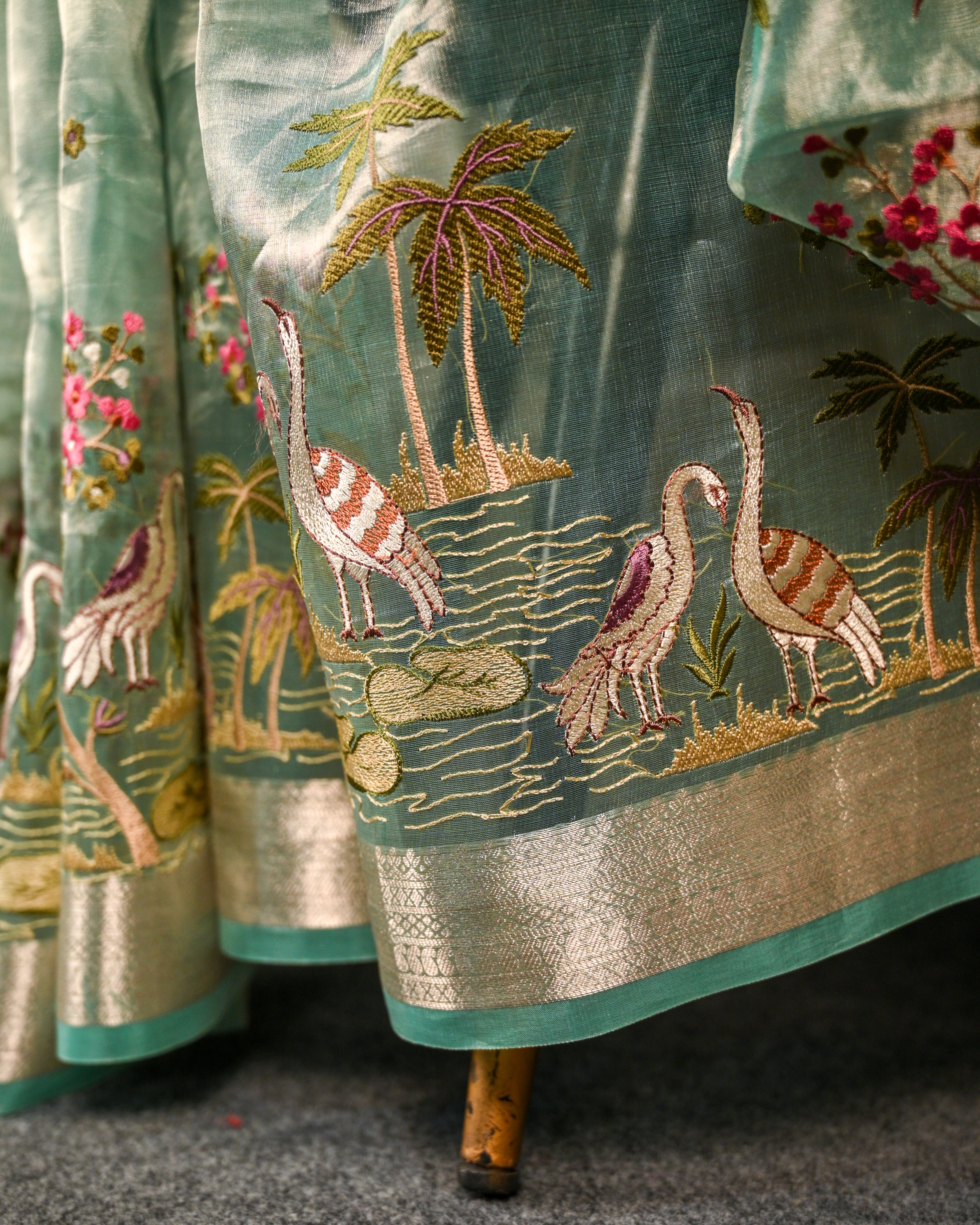 Swan Motif Tissue Embroidery Silk Saree