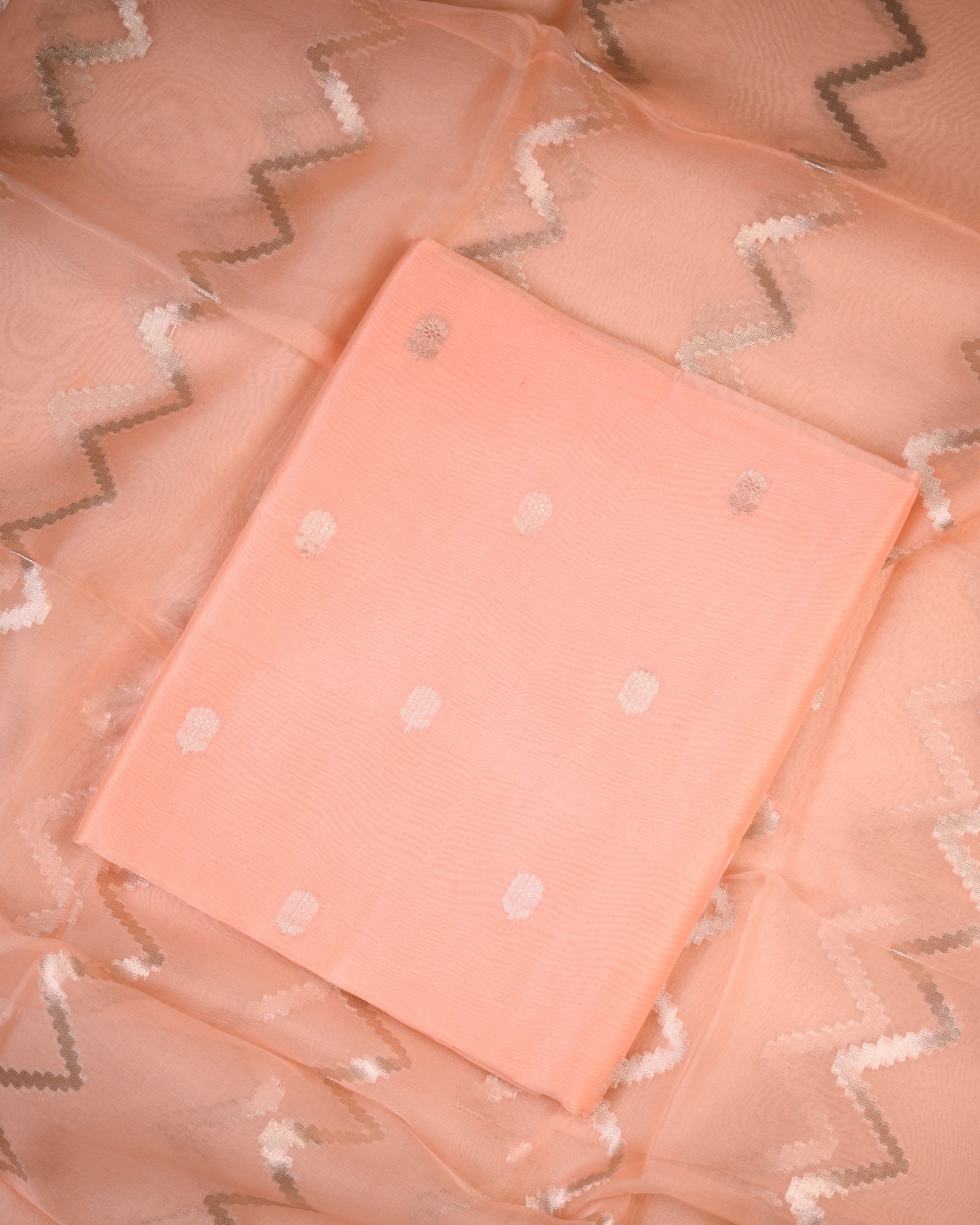 Peach Organza Silk Unstitched Suit Set with Chanderi–Organza Dupatta