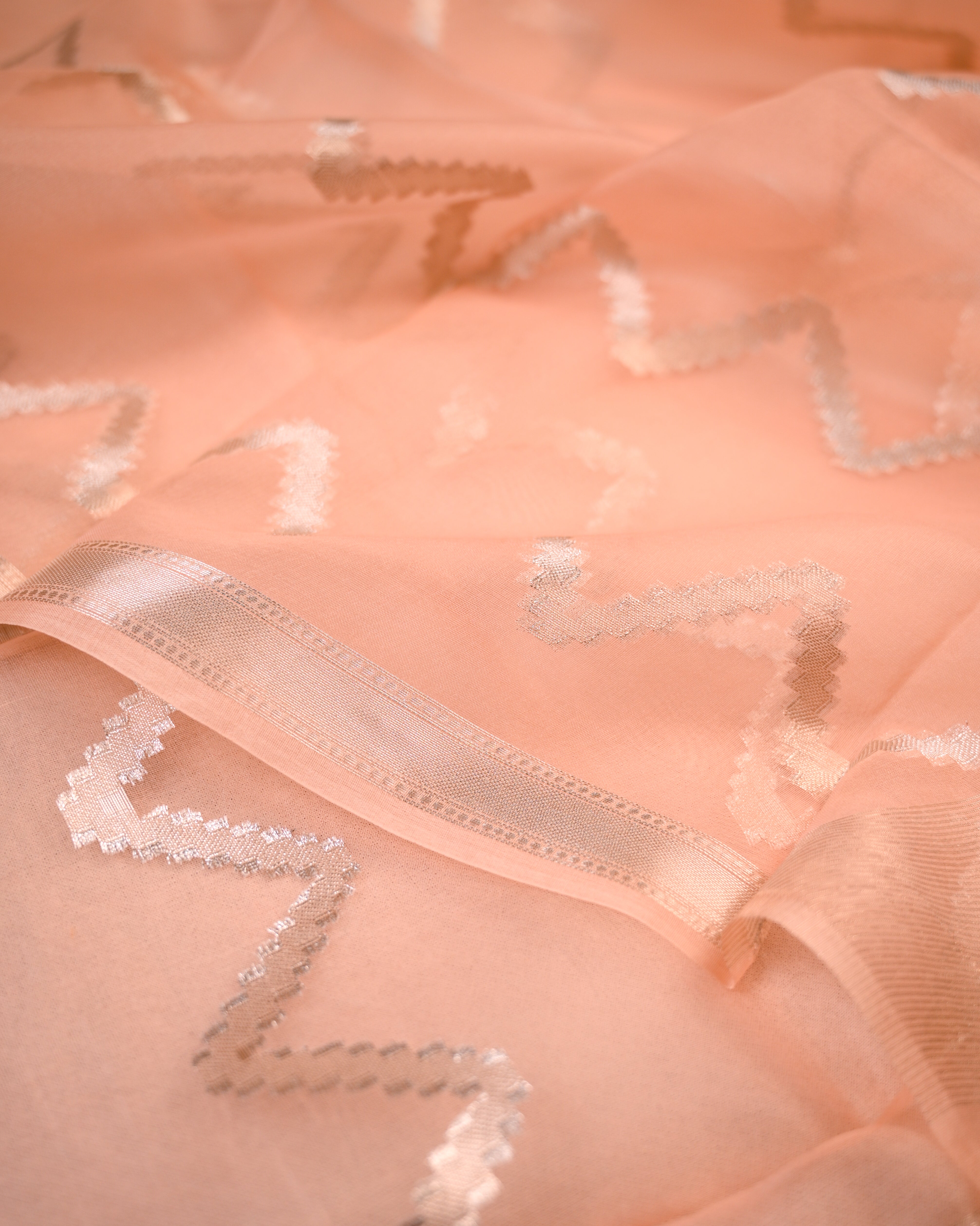 Peach Organza Silk Unstitched Suit Set with Chanderi–Organza Dupatta