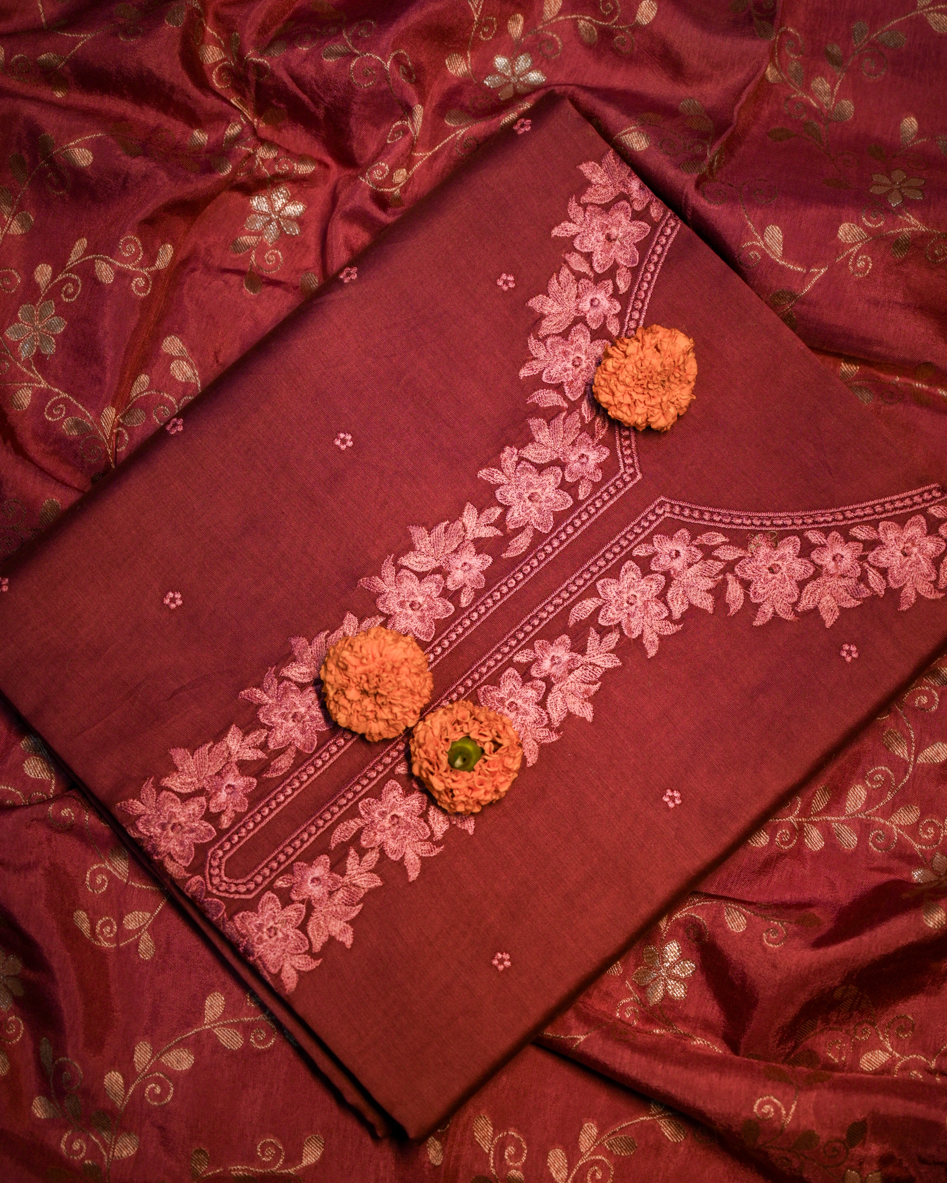 Pure Chanderi Embroidered Suit Set