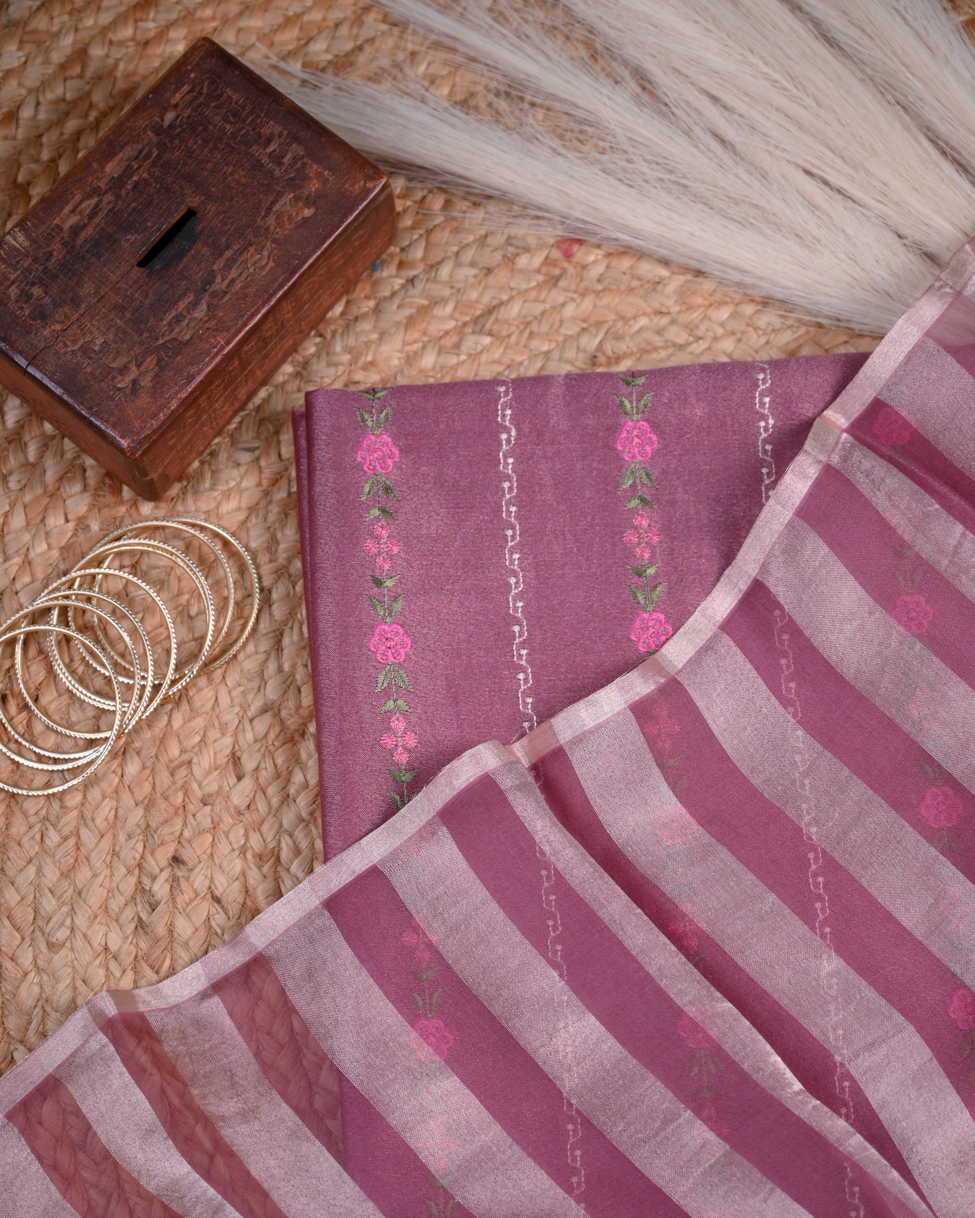 Mauve Pink Organza Dupatta Unstitched Suit Set