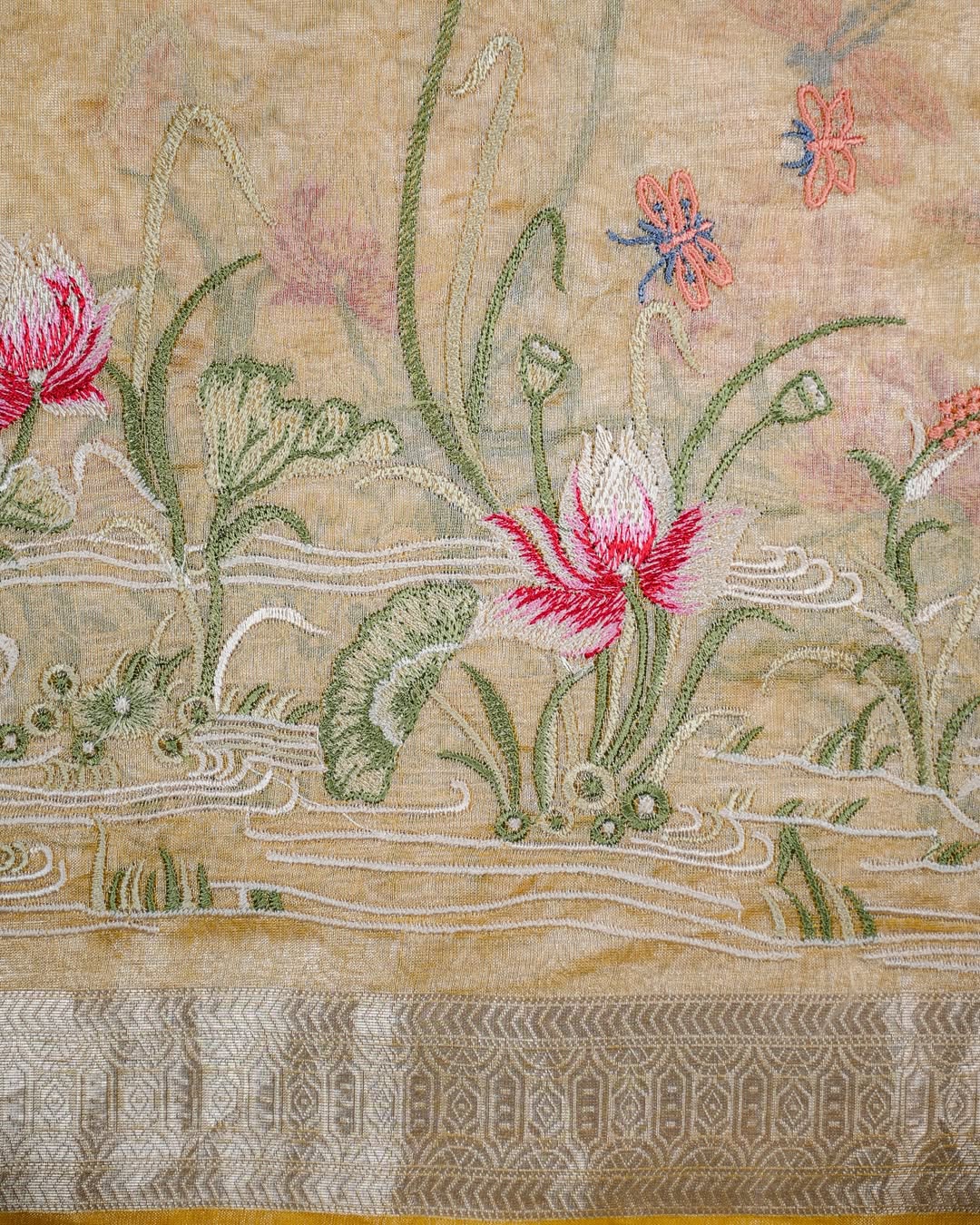 Yellow Tissue Embroidery Saree