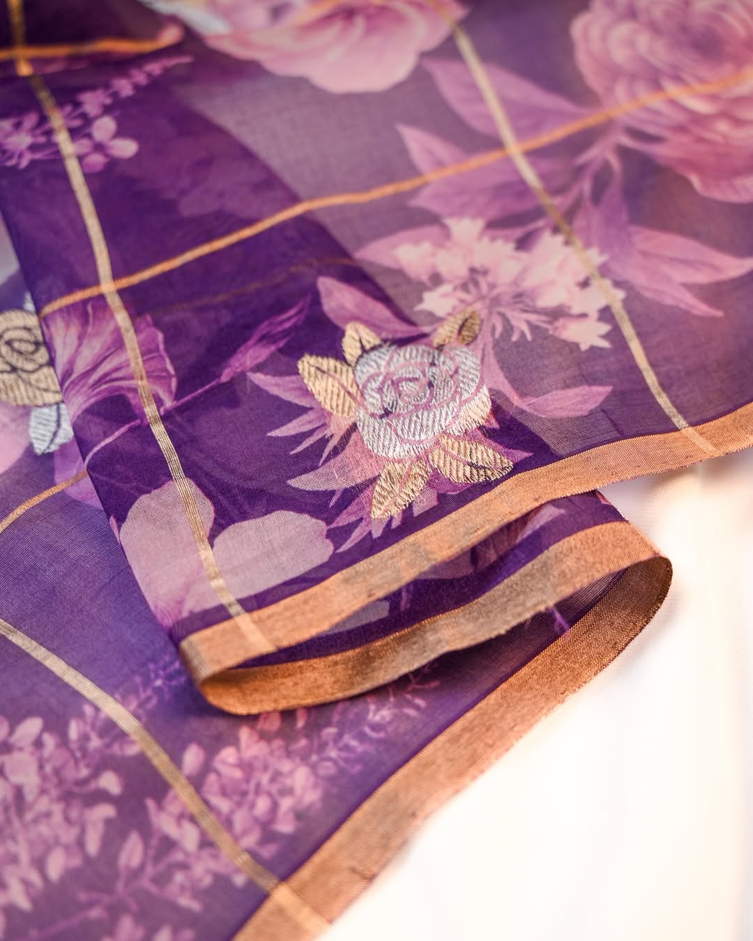 Purple Kadhwa Organza Digital Print Saree