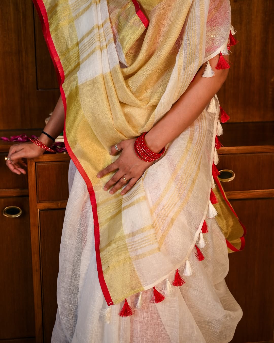 White Banarasi Linen Saree