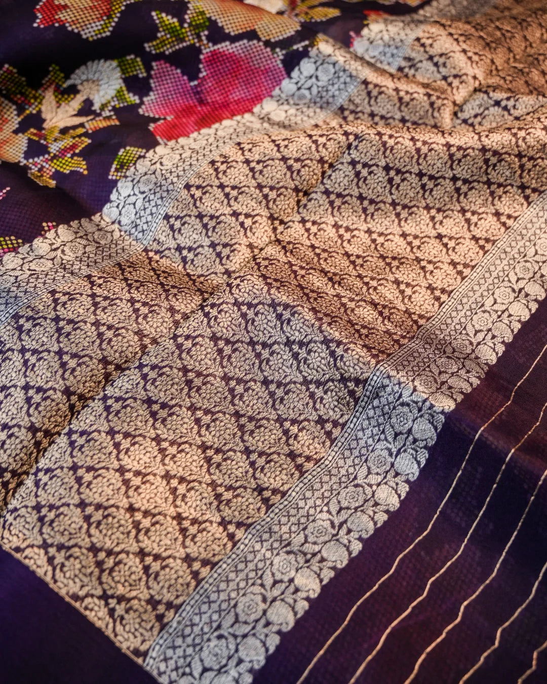 Purple Banarasi Kadwa Organza Digital Print Saree