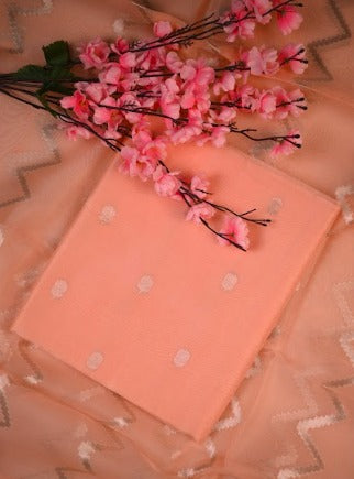 Peach Organza Silk Unstitched Suit Set with Chanderi–Organza Dupatta