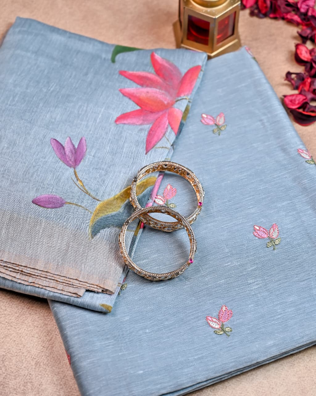 Unstiched Suit Set - Hand Paint Linen silk dupatta, embroidered linen silk Shirt & chanderi silk bottom