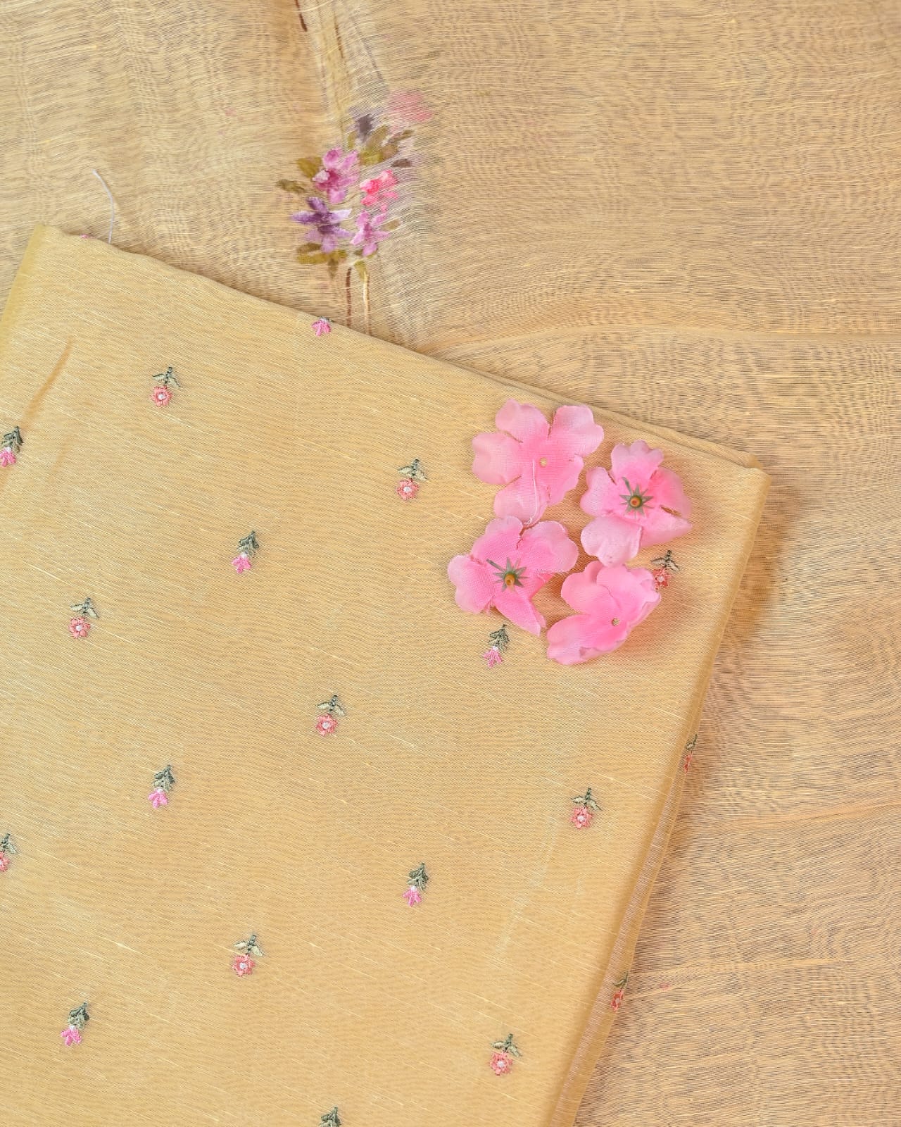 Unstiched Suit Set - Hand Paint Linen silk dupatta, embroidered linen silk Shirt & chanderi silk bottom