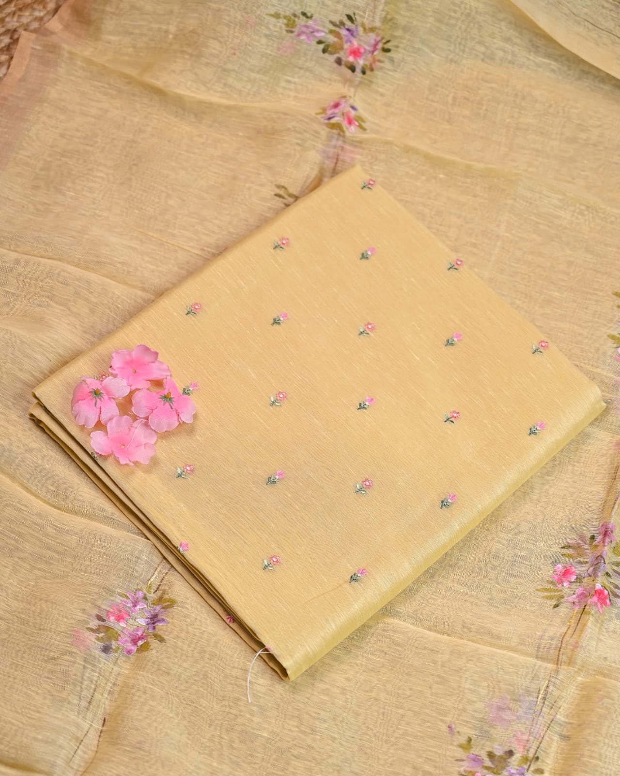 Unstiched Suit Set - Hand Paint Linen silk dupatta, embroidered linen silk Shirt & chanderi silk bottom