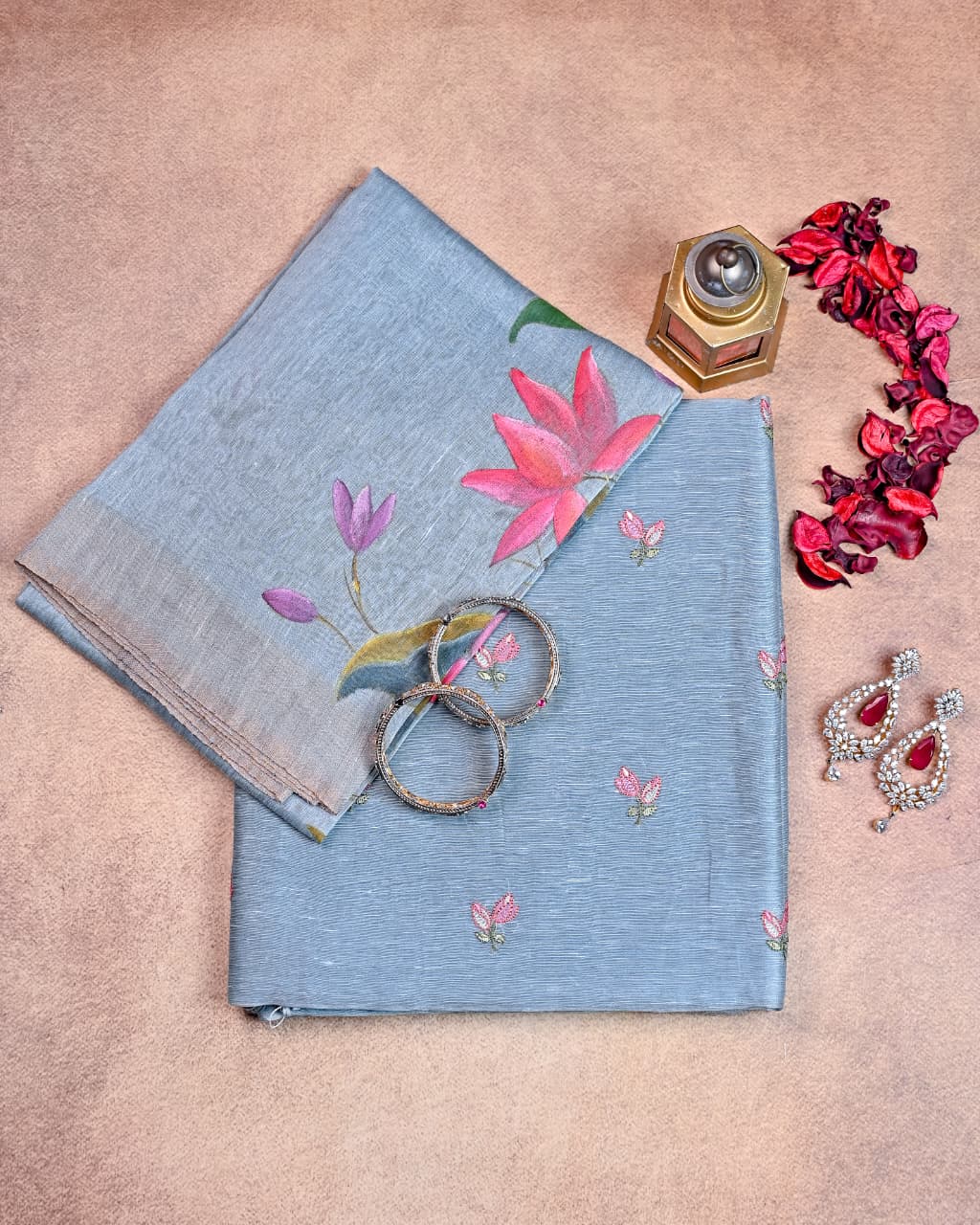 Unstiched Suit Set - Hand Paint Linen silk dupatta, embroidered linen silk Shirt & chanderi silk bottom