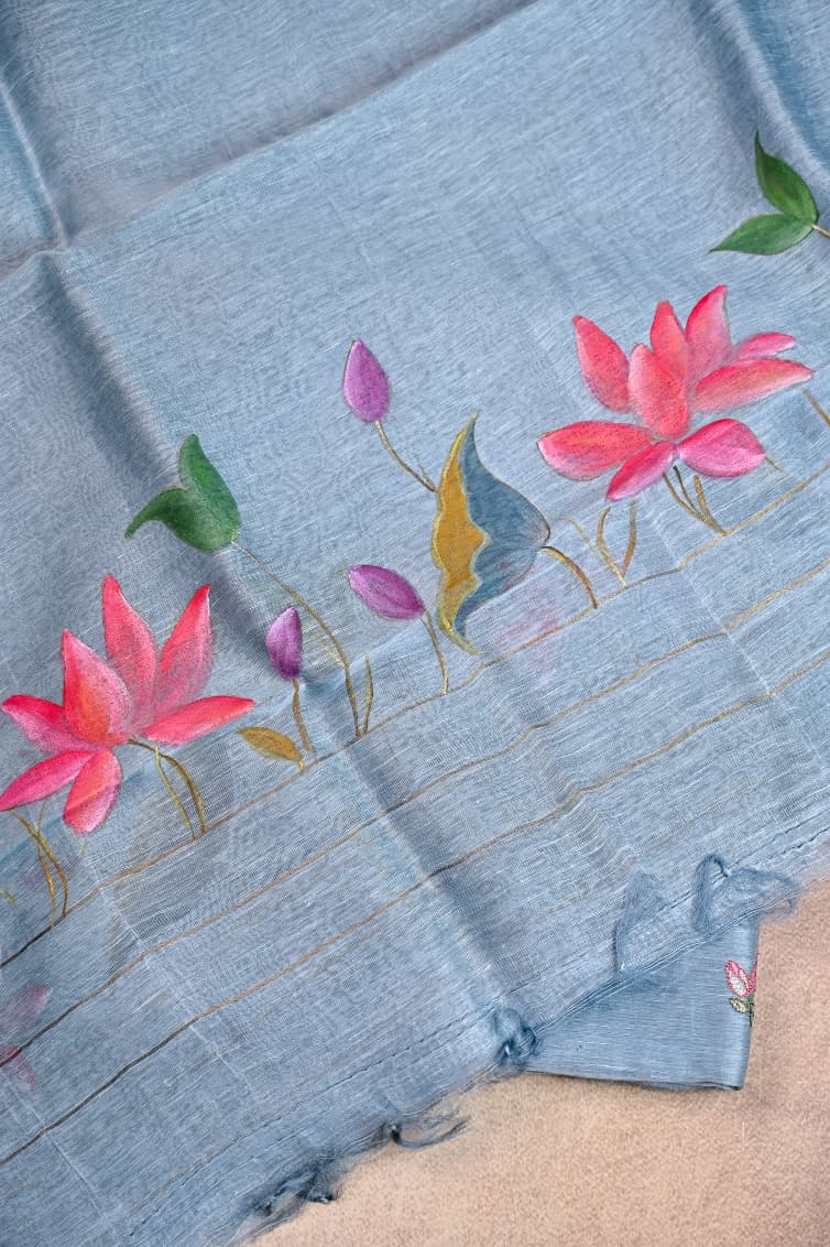 Unstiched Suit Set - Hand Paint Linen silk dupatta, embroidered linen silk Shirt & chanderi silk bottom