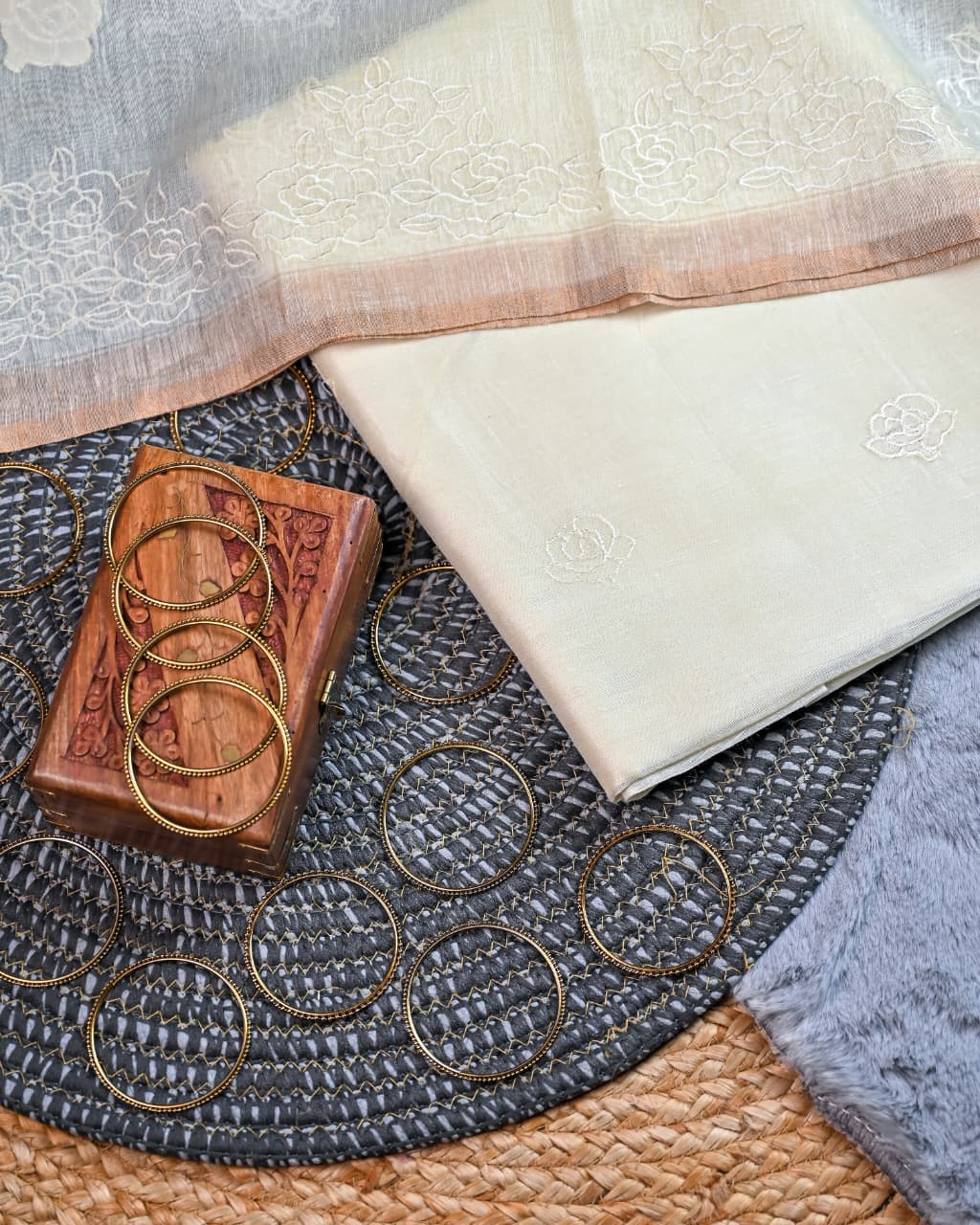 Unstitched suit set - Linen silk dupatta, embroiderd shirt linen silk with chanderi  silk bottom